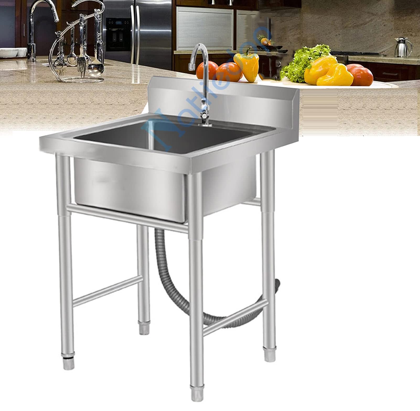 Natliedop 304 Stainless Steel Commercial Restaurant Sink - Sink Free-standing Kitchen Sink Set Single Bowl Kitchen Sinks Commercial & Faucet Combo and Drain
