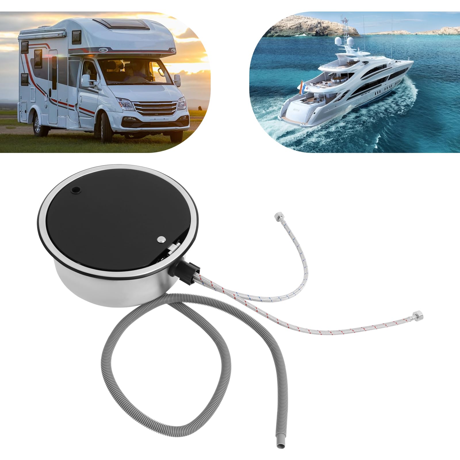 RV - Lavello singolo, 34 × 15 cm, in acciaio inox 304, con rubinetto pieghevole e copertura in vetro, per camper, roulotte