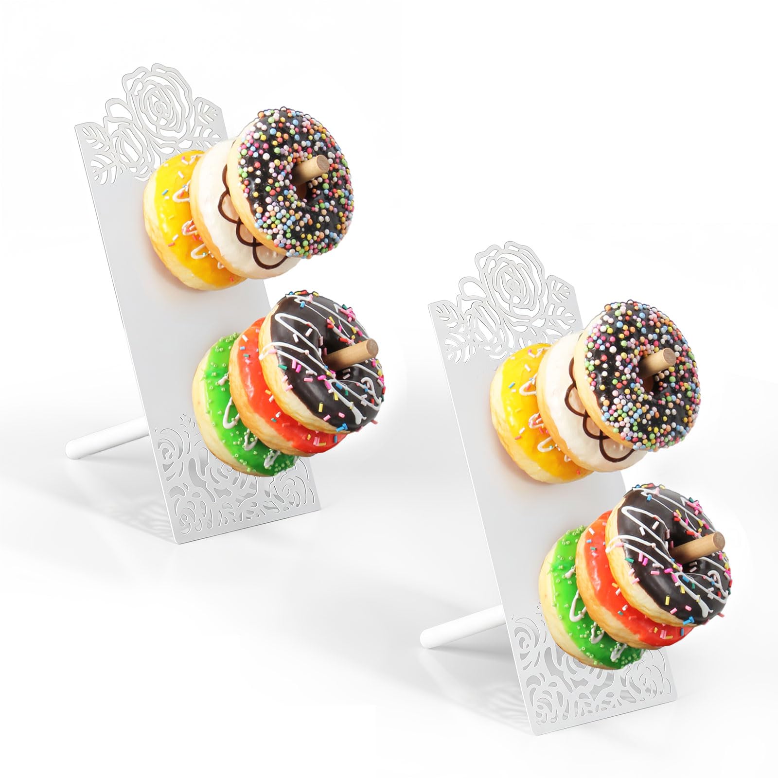 AIM & GGKK Donut Ständer Set 2-teilig Weiß - Metall Donut Stand Halter mit Rosen Design, Donut Wand Display für Party, Hochzeit, Baby Shower, Bagel Stand Dessert Deko