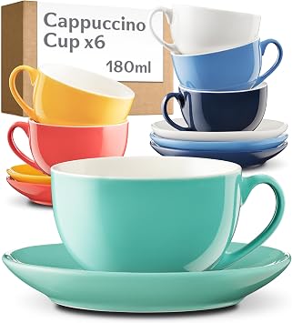 Cosumy Set of 6 Multicolour Cappuccino Cups and Saucers - 180ml Ceramic Keeps Drinks Warm - Coffee Cups Stackable & Dishwasher Safe - Cappuccino Mug with Handle - Coffee Cup Set - Coffee Gift Box