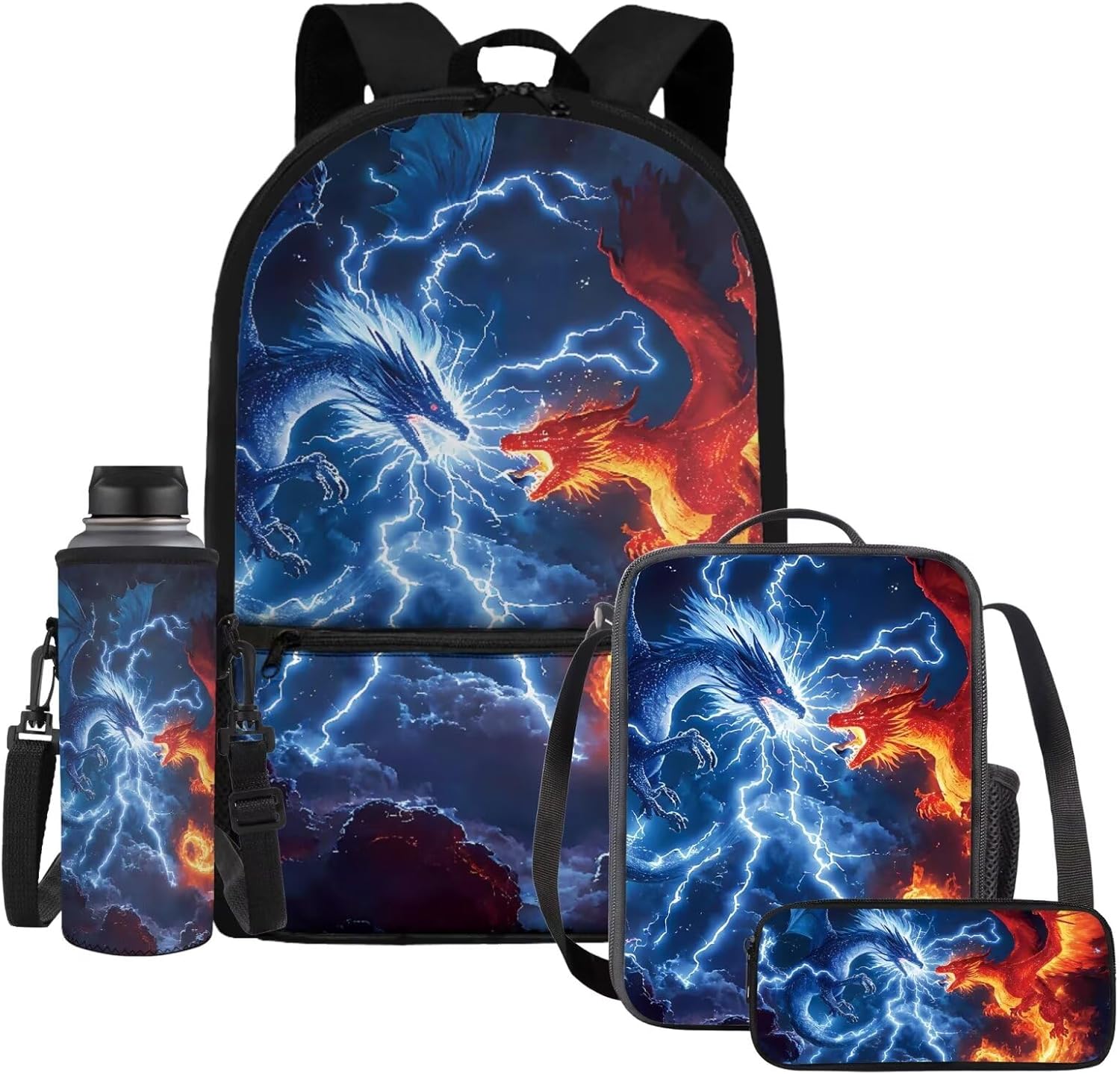 HUIACONG Dragon Backpack with Lunch Box for Boys Girls Rose Skull Bookbag for Elementary School Bags Pecnil Case Water Bottle Holder Back to School