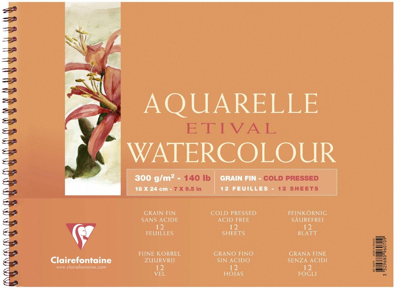 Clairefontaine - Ref 96070C - Etival Cold Pressed Wirebound Watercolour Painting & Drawing Pad (12 Sheets of Paper) - 18 x 24cm - 300gsm Cellulose Art Paper