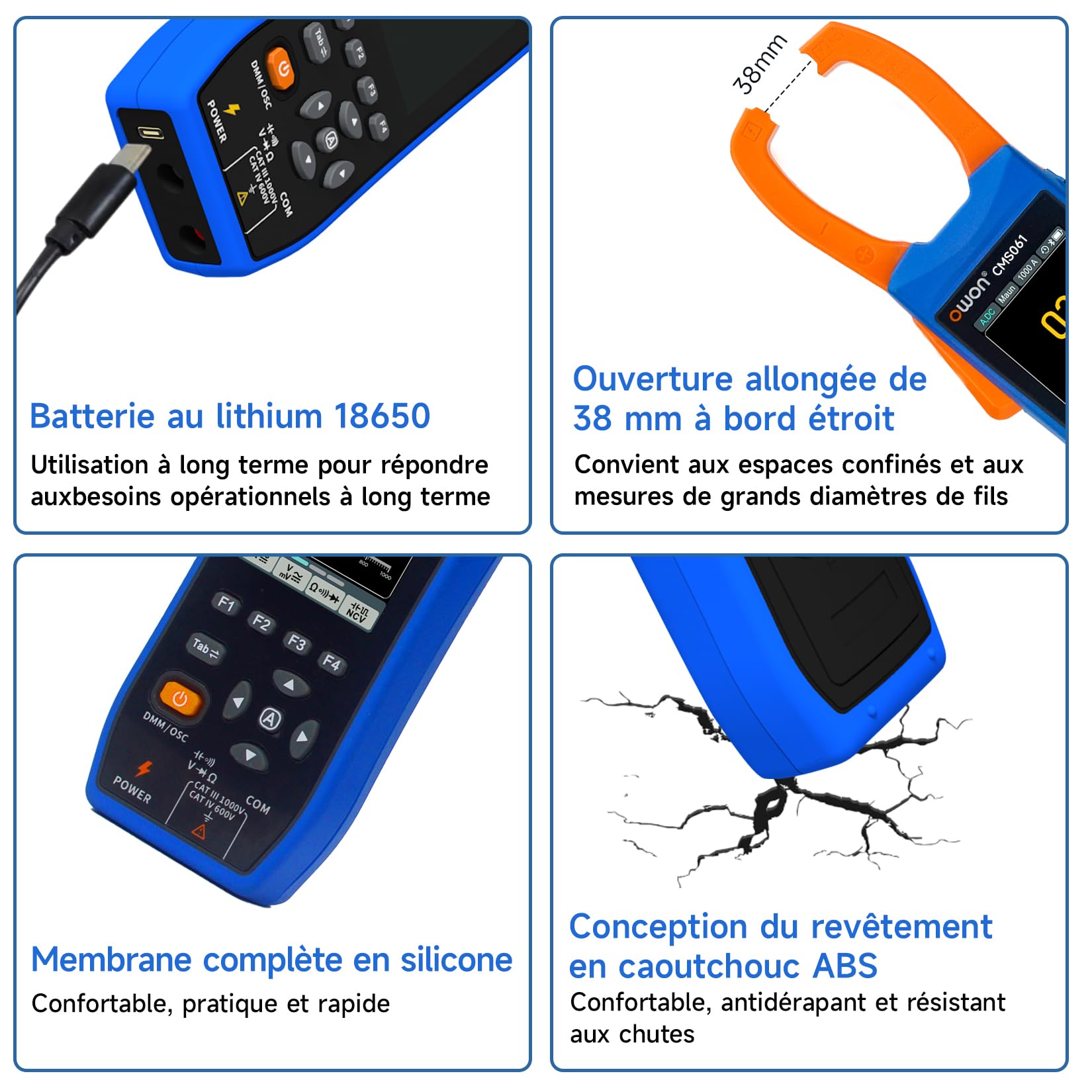 OWON CMS061 Pince électrique AC/DC 600A, fonction écrivain, oscilloscope 3-en-1, 20000 Count True RMS Auto-Ranging, Alarme, NCV, Pince d'alimentation Bluetooth
