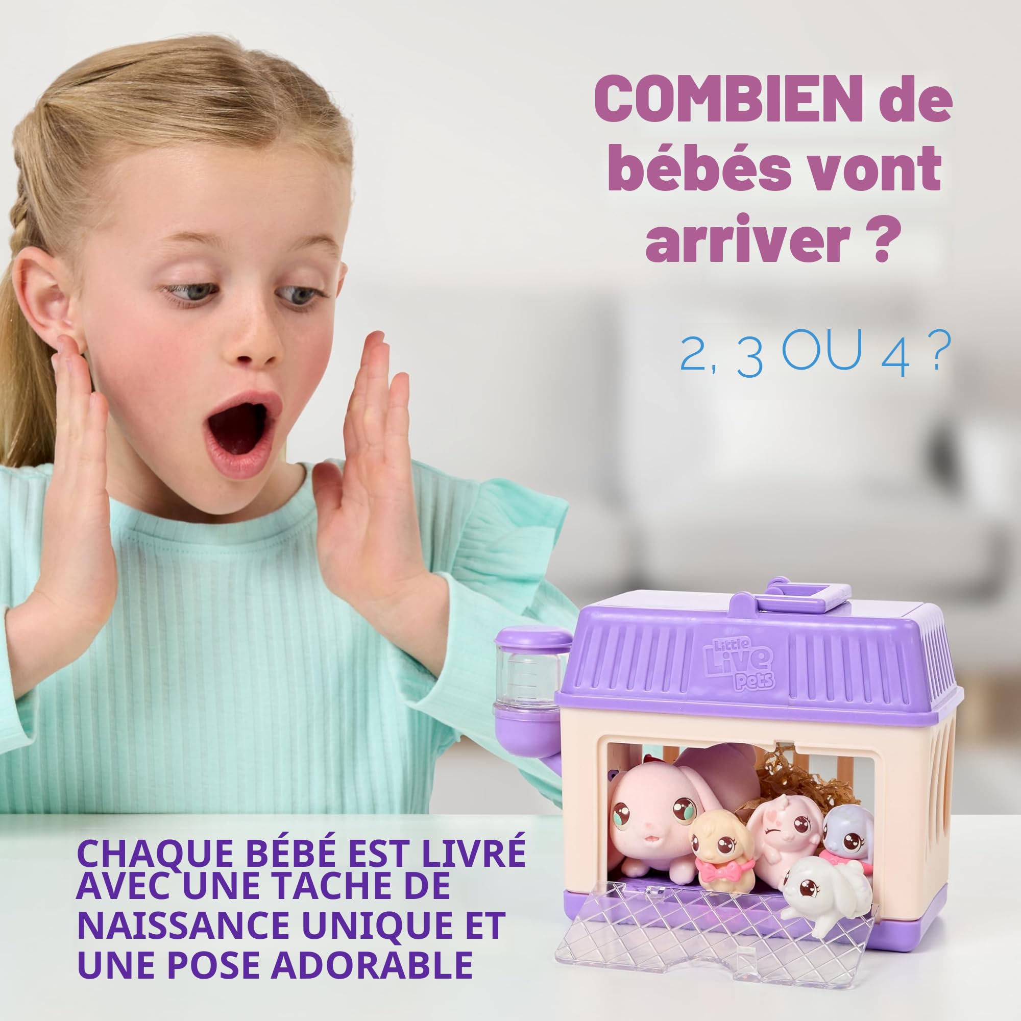 Little Live Pets Mama Surprise P'tits Lapins, Prends Soin de la Maman Lapin dans Son clapier pour découvrir 2, 3 ou 4 bébés