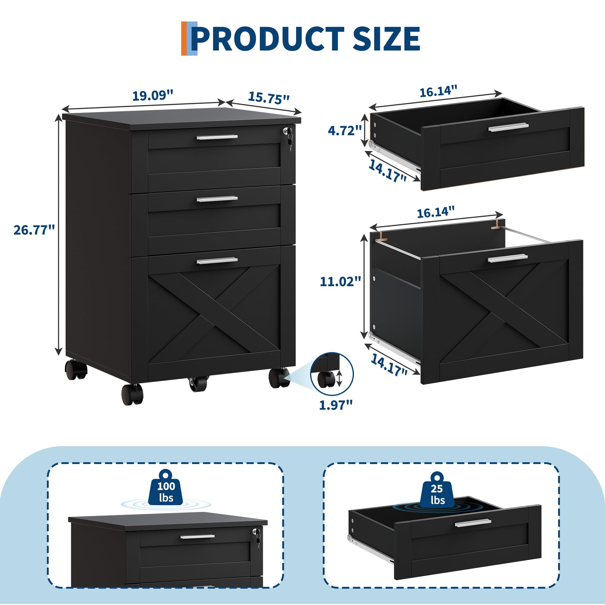 Archivador móvil con cerradura para oficina - 3 cajones robustos - Gabinete bajo escritorio con ruedas 360° - Para documentos carta/legal/A4 - Almacenamiento resistente y diseño profesional - negro