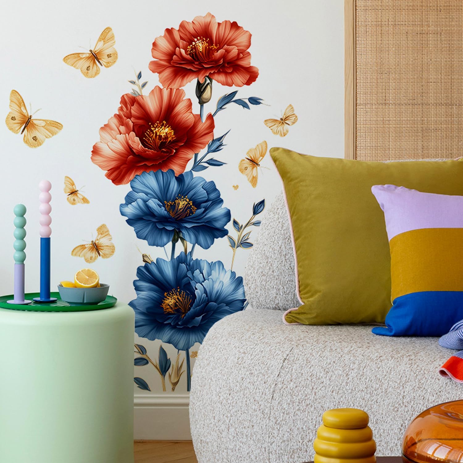 Large Flowers Wall Decals Removable Red Blue Floral Wall Stickers for Living Room Vinyl Peel and Stick Butterfly Wall Decor for Bedroom Girls Room Bathroom Decorations