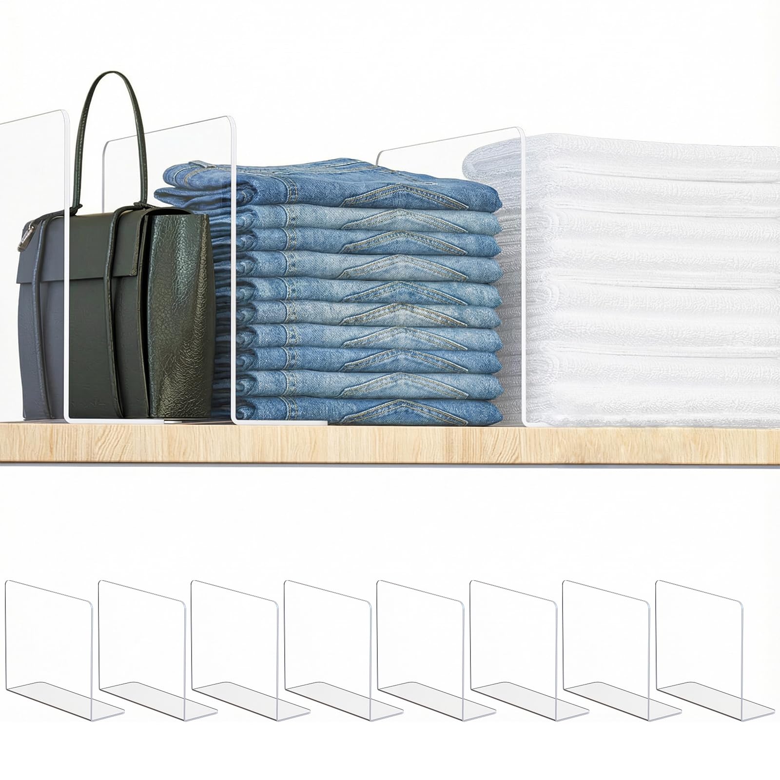 OKPOW Acrylic Shelf Dividers for Closet Organization: 8 Pack Tall Durable Clear Shelves Separators for Clothing Adjustable