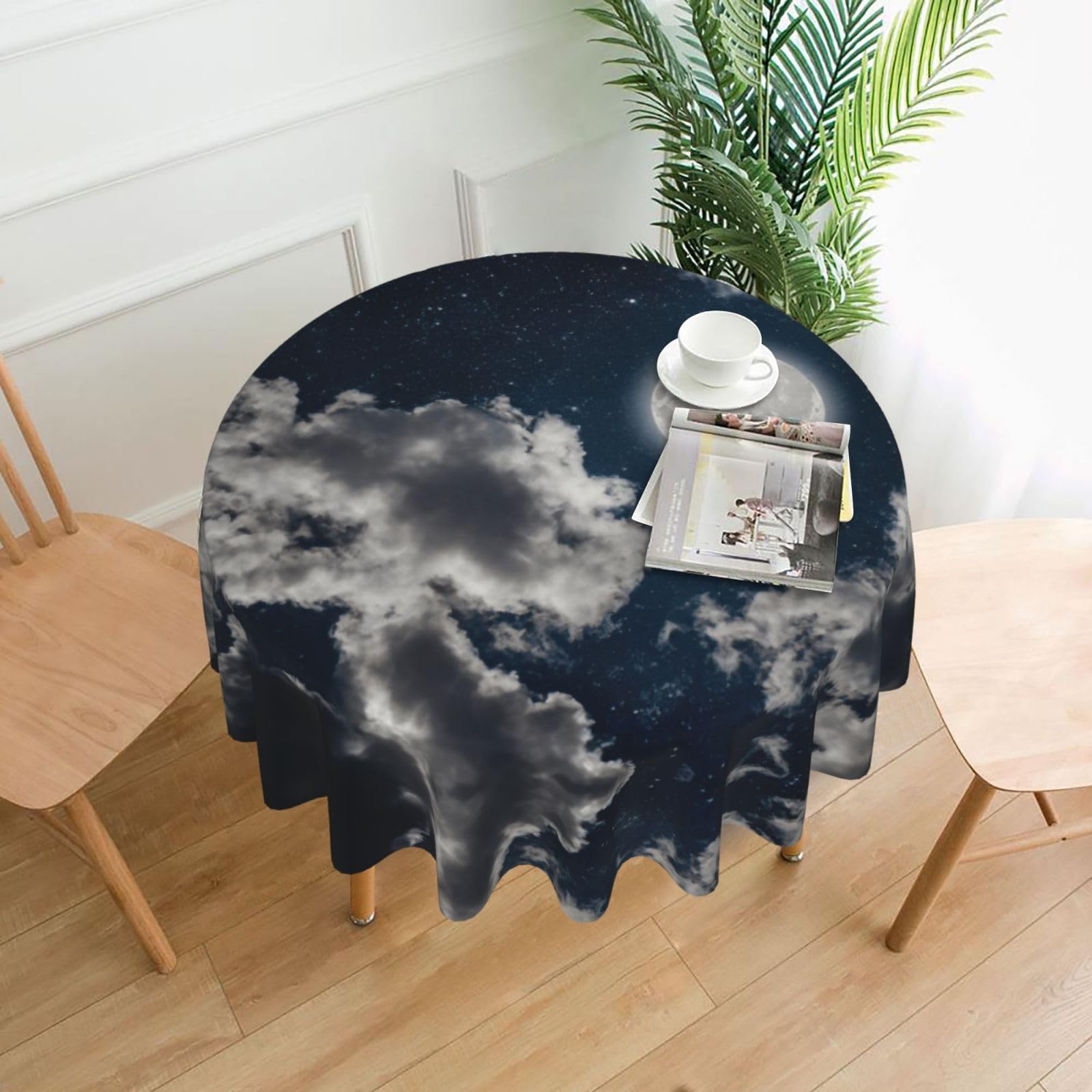 Zcmkjlg Night Sky Full Moon Print Quick Ship Round Tablecloth 60in Polyester Washable Cover for Dining Room