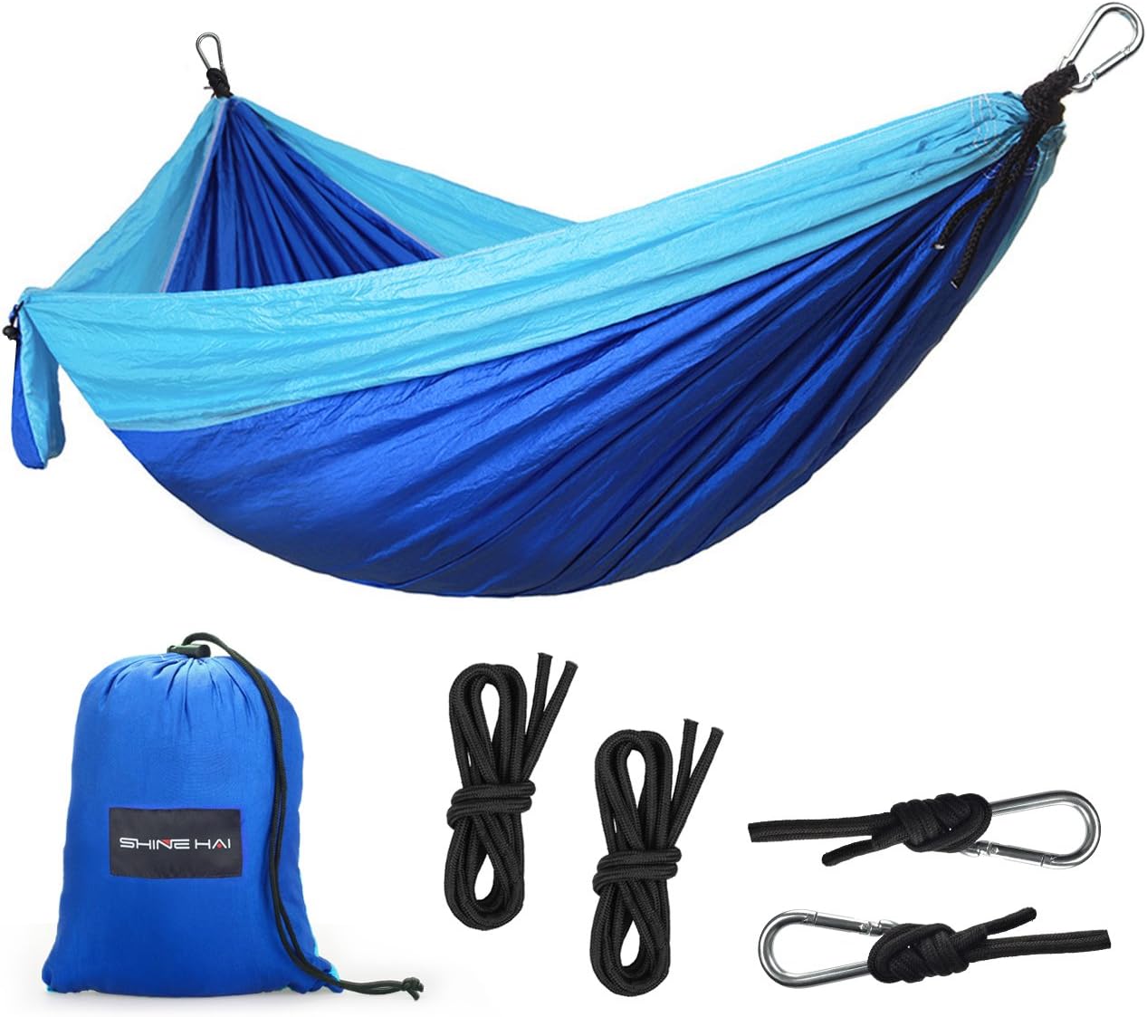 Camping Hammock, SHINE HAI Portable Travel 2 Person Parachute Hammock Swing, Quick-drying Nylon Fabric Canvas, Blue, Super Lightweight Perfect for Outdoor Activities, Garden Beach