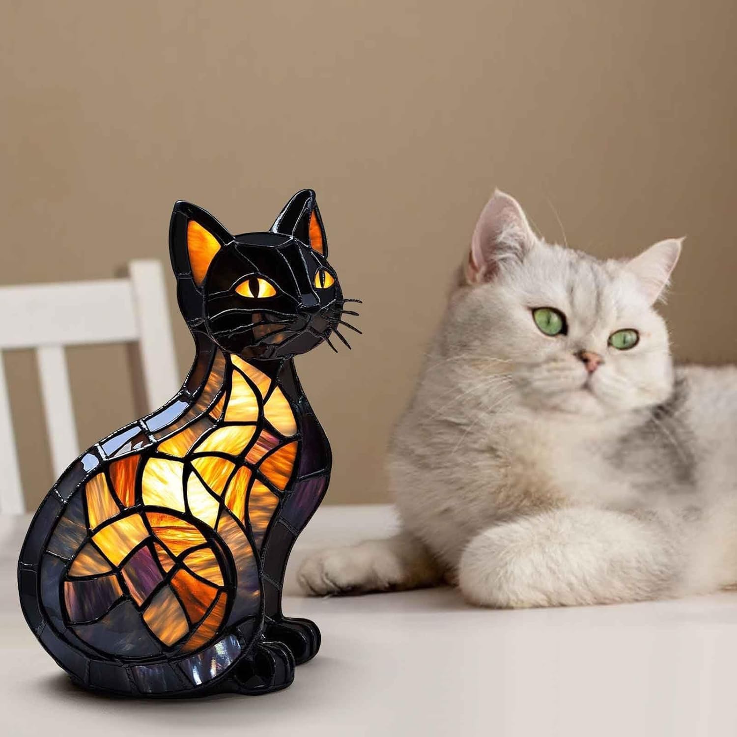 Solymall Glowkitty, Solymall cat lamp stained glass, Retro Cat Stained Resin Tabletop Night Light, 3D Cute Pet Led Table Light, for Cats Lovers (B 1PCS)
