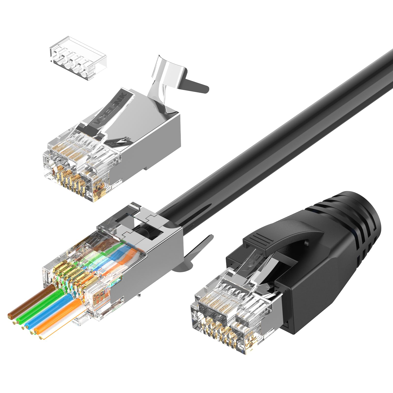 VCELINK Cat7 Cat6A RJ45 パススルーコネクタ シールド 30個パック 3プロング 50μ 金メッキ モジュラープラグ イーサネットエンド ストレインリリーフブーツ付き (ブラック)