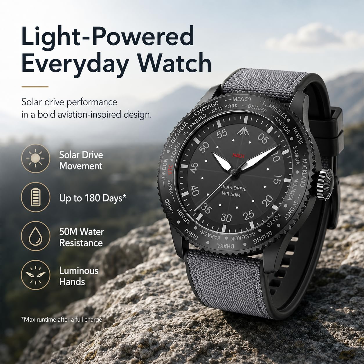 North Edge Mach Watch pilota orologio a energia solare per uomini 50m cronografo visione notturna che dura fino a 180 giorni solare