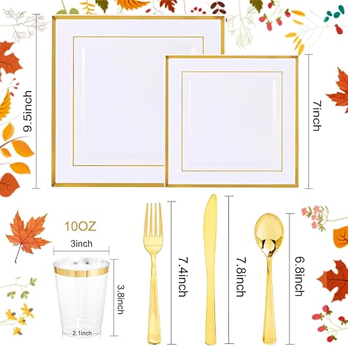 Miniatura 4 de I00000 Juego de vajilla de plástico dorado de 150 piezas, platos cuadrados de oro blanco, platos cuadrados desechables de oro, incluye 25 platos