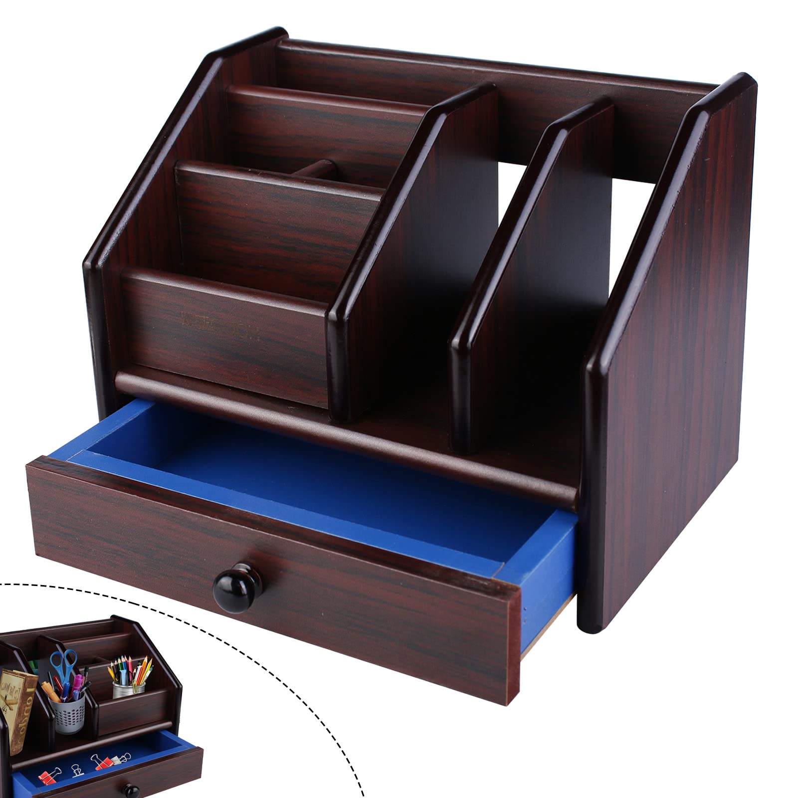HOMURY Wooden Desk Organiser: Retro Pen Holder Wood Organiser Office Magazine File for Teachers, Office Supplies, Home, Desk Decoration, Desk Accessories