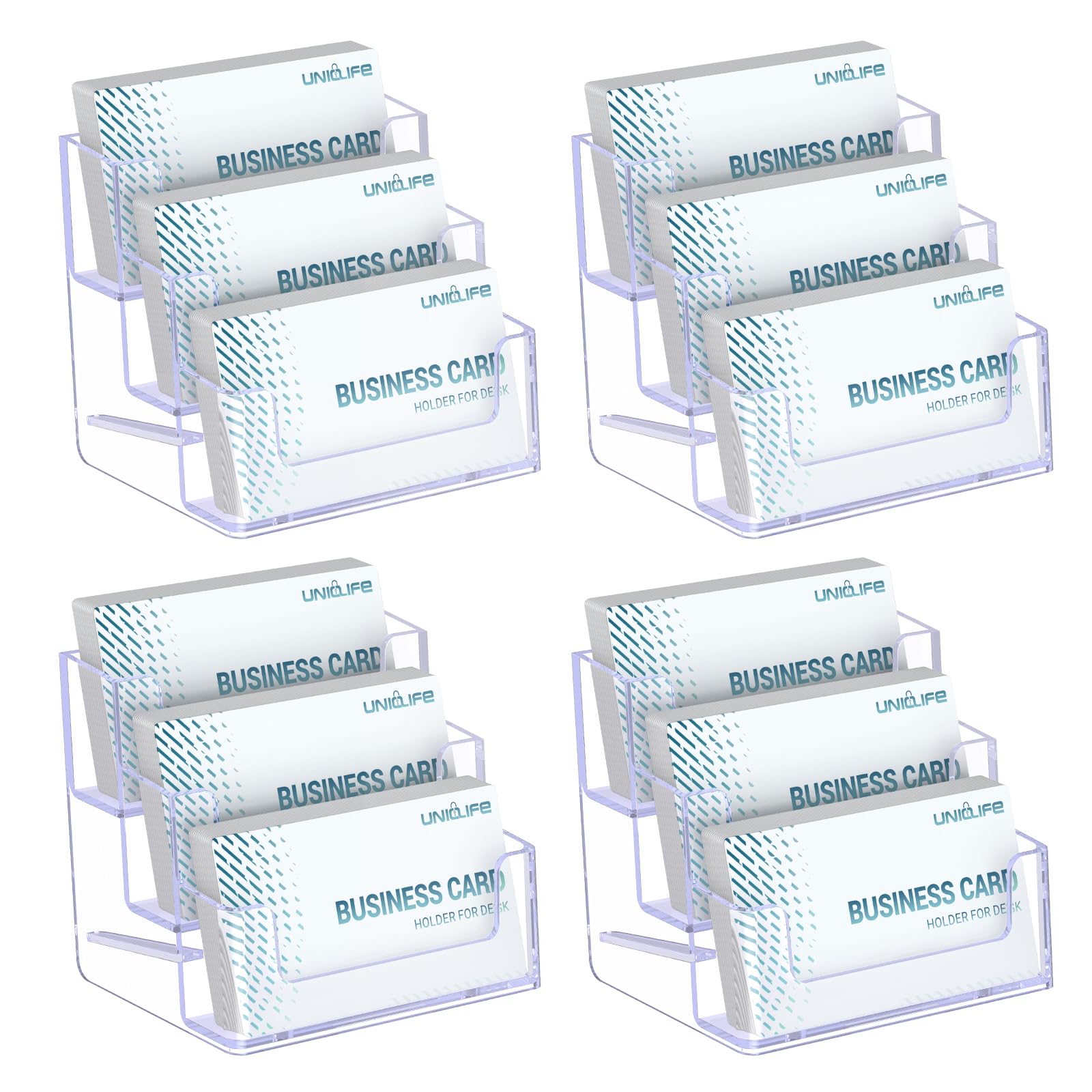 Uniclife 4 Pack Acrylic Business Card Holder for Desk 3 Slots Clear Business Card Display Stand for Men & Women Desktop Business Card Organizer Card Stand for Office Home Exhibition, 180 Card Capacity