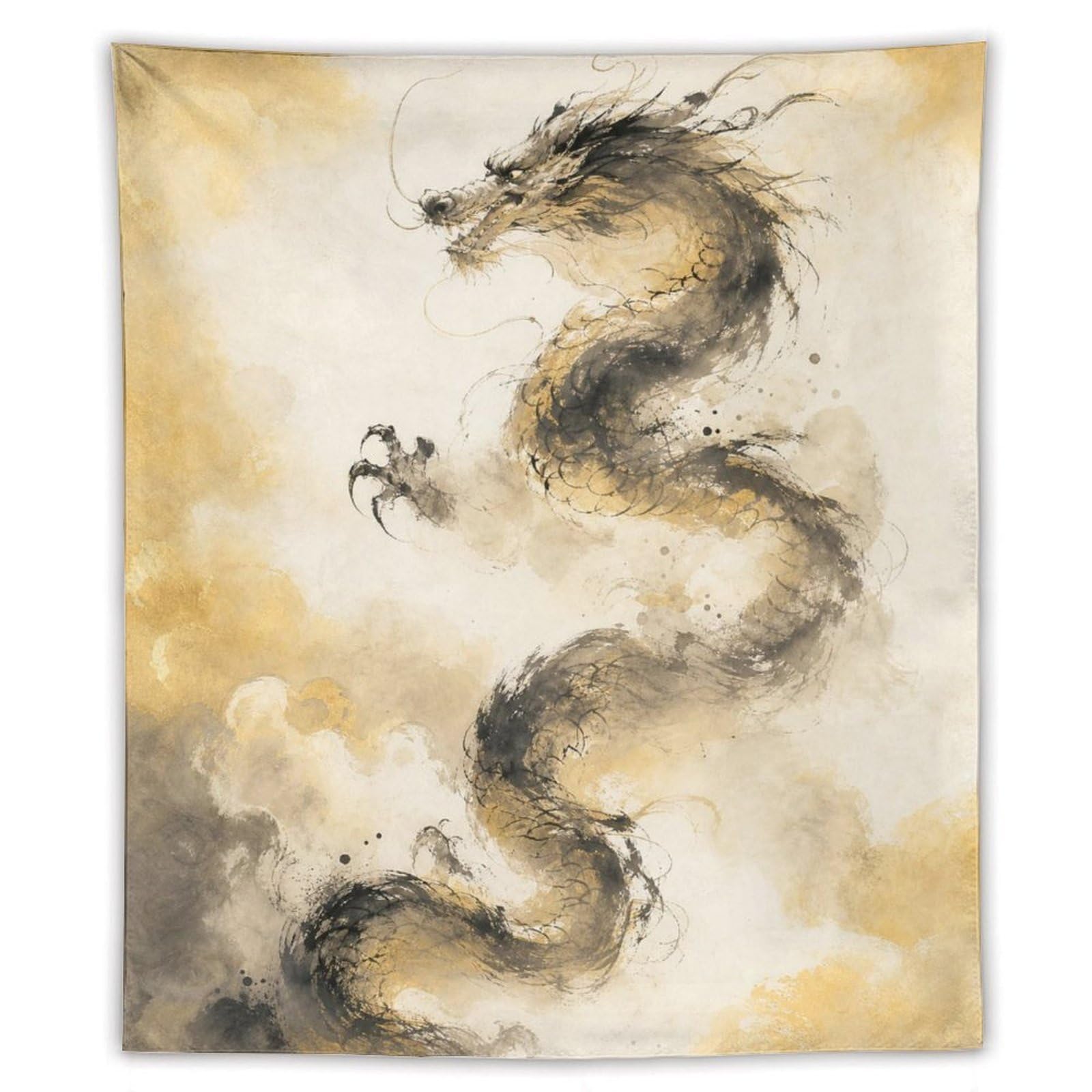 W7C8U2X3 Ink Dragon with Small Bird Wall Tapestry, Asian Ink, Living Room