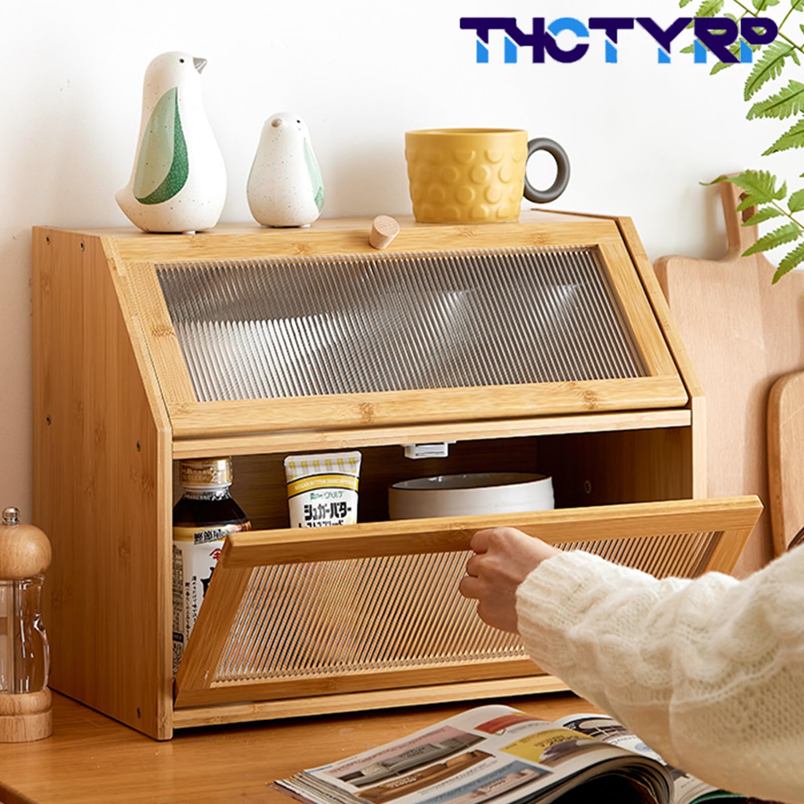 Caja para Pan en Bambú con 3 Divisiones, Diseño Escalera | Estante de almacenamiento para porcelana, especias y accesorios de cocina, a prueba de polvo, ahorro de espacio