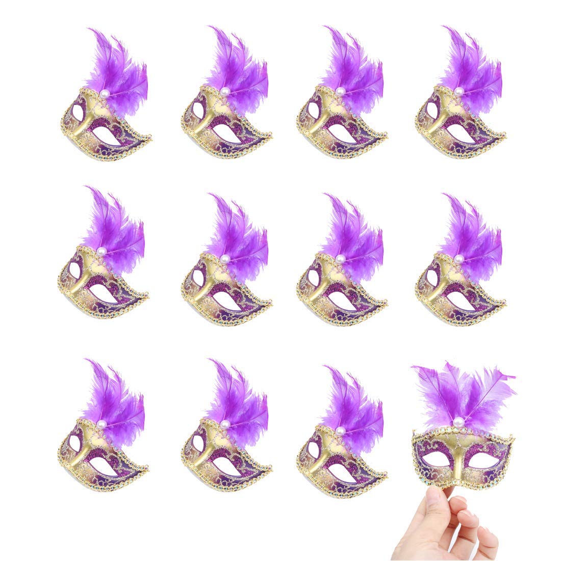 BONAKULA 24 Pieces Decorative Mini Masquerade Mask Party Decorations Luxury Feather Mardi Gras Venetian Masks Party Favors (Purple)
