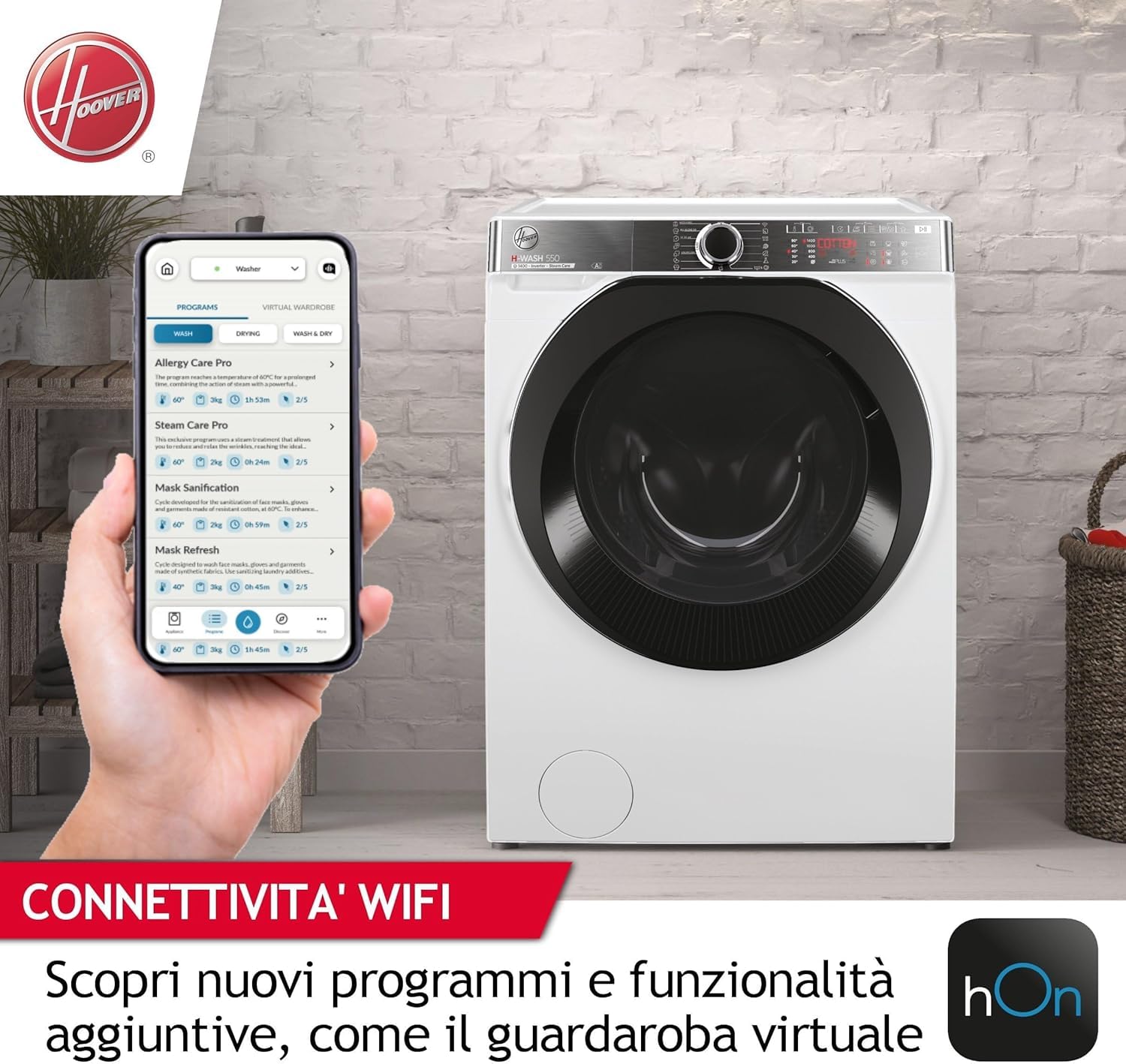 Hoover H-WASH&DRY 550 Lavasciuga 8+5 Kg, 1400 Giri, Motore Eco-Power Inverter, Steam Care Pro, Wi-Fi + Bluetooth, Classe A Lavaggio, 89 x 60 x 53 cm (A x L x P), Bianca, H5DPB 485BC9/1-S