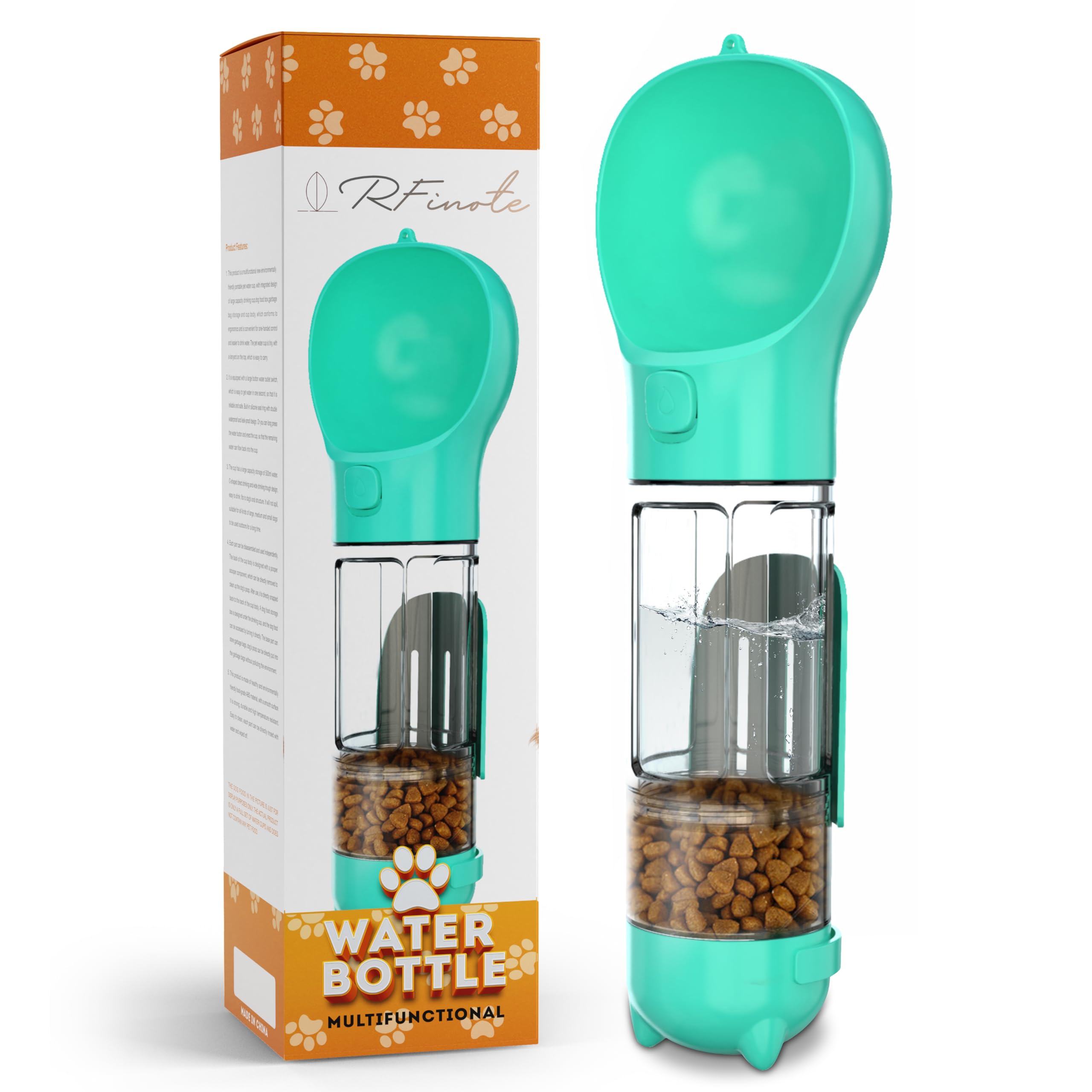 RFinoteDog Water Bottle - 300ml Pet Water Bottle with Garbage Collection Bag, Poop Shovel and Food Dispenser, Portable, Leak-Proof Water Feeder Ideal for Travel and Walking.