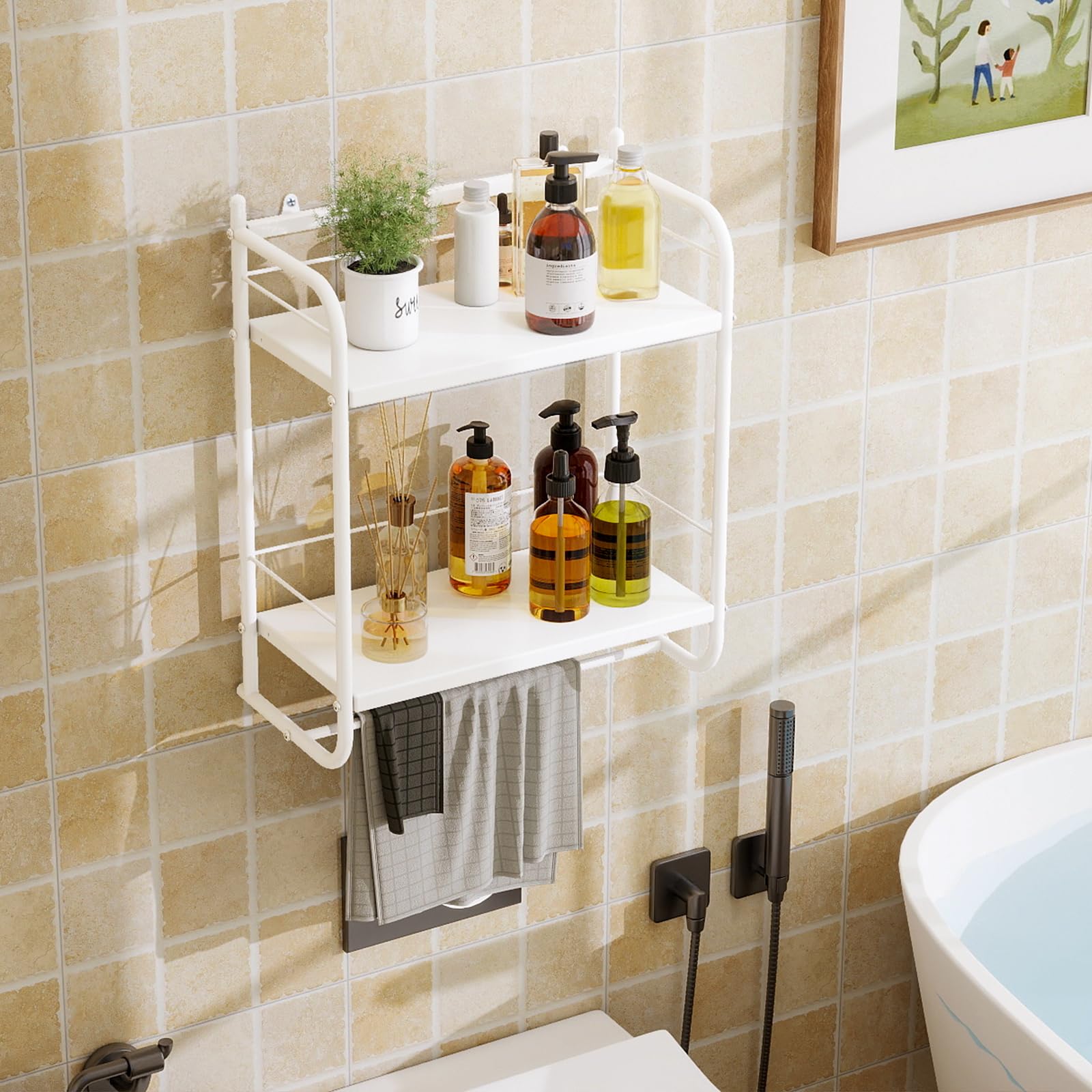HDANI Estantería de Pared de Metal de 2 Niveles,con 2 estantes Ajustables,Estante de Ducha para baño,Dormitorio,salón,Cocina, Oficina en casa,lavadero,41×21,5×49,5cm,Blanco