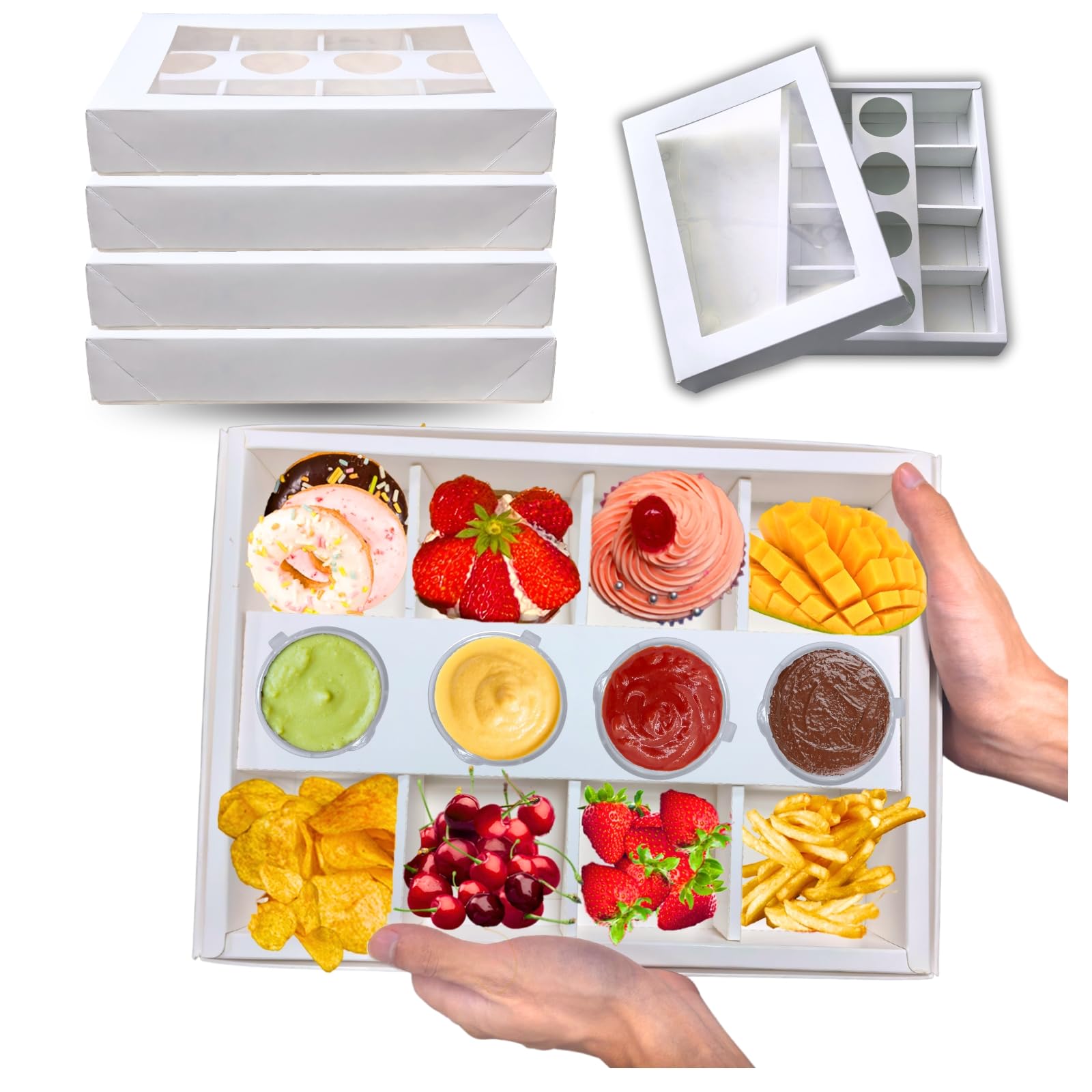 ganfaner 8-Compartment Picnic Box With Lids 10PK, White Divided Cardboard Serving Tray Box With Ketchup Holder for 4-8 Persons Takeout 12.5x9.3x2in