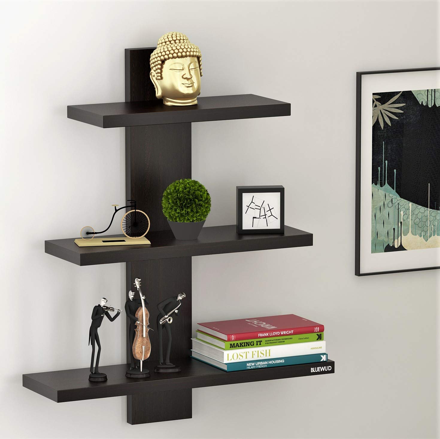 BLUEWUD Phelix Engineered Wood Wall Decor Floating Shelf Display Rack ...