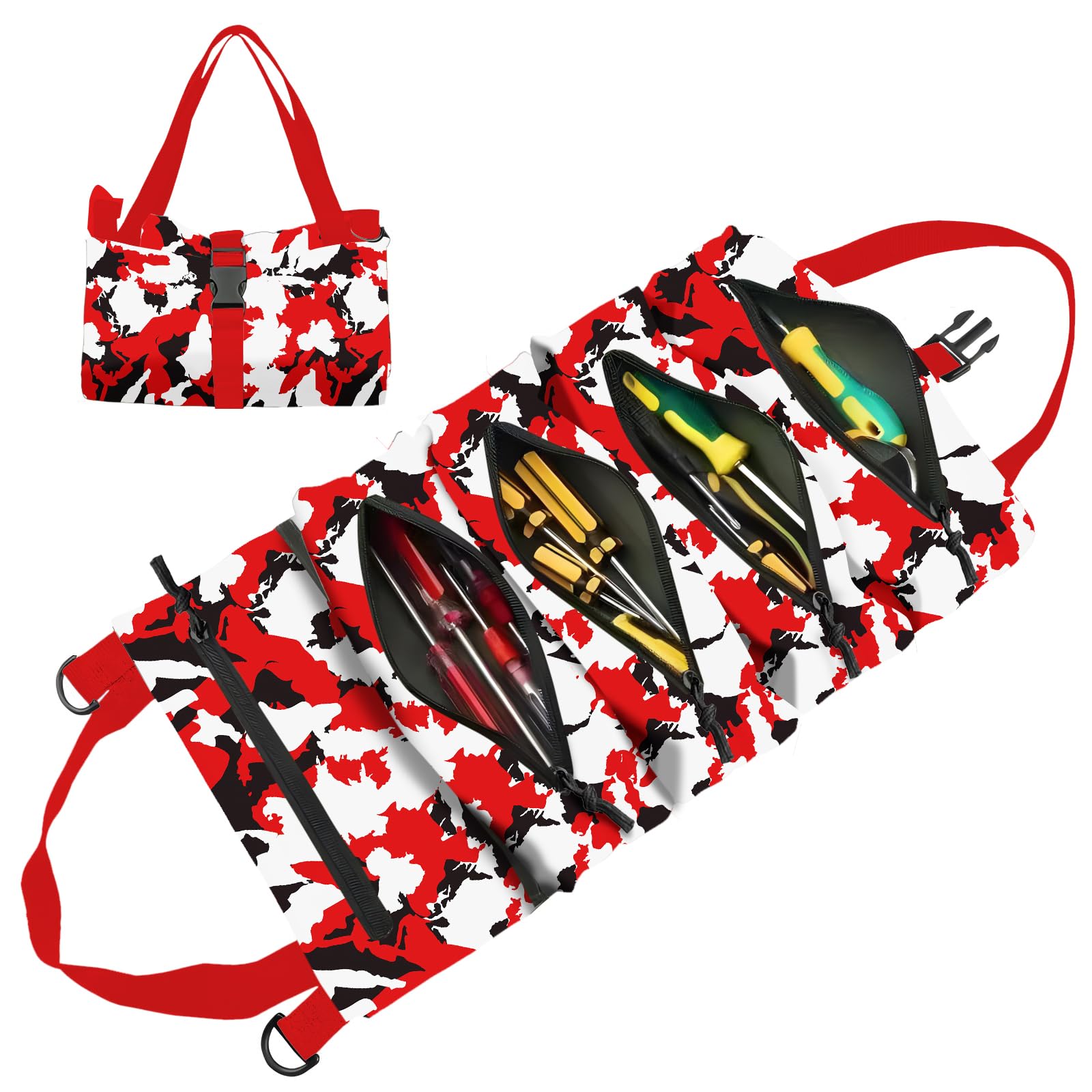 Roll-Up Tool Storage Bag Nylon Gardening Organizer with 5 Pockets 11x18 Inch Portable Hanging Design for Outdoor Maintenance