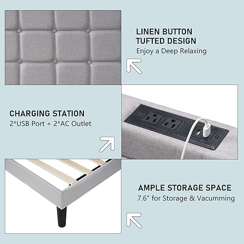 Miniatura 4 de Base de cama tamaño King con cabecera LED, plataforma tapizada con botones de lino con estación de carga USB, fuerte soporte de listones de madera,