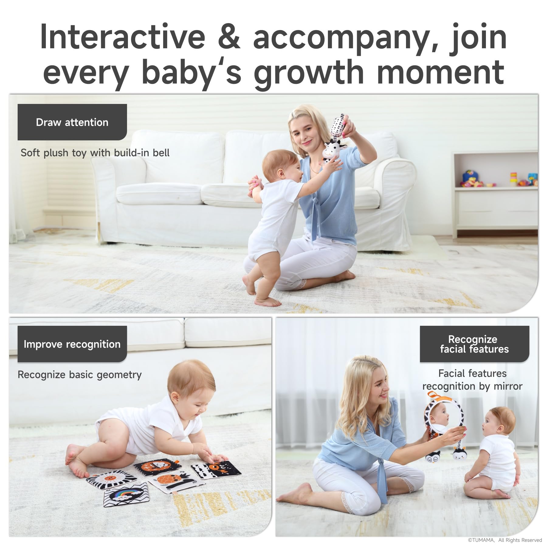 TUMAMA - Juguetes para bebés en blanco y negro, tiempo de barriga de alto contraste, sonajeros suaves para recién nacidos, sonajeros de espejo Montessori Sensorial de 0 a 12 meses, bebé colgante para 7