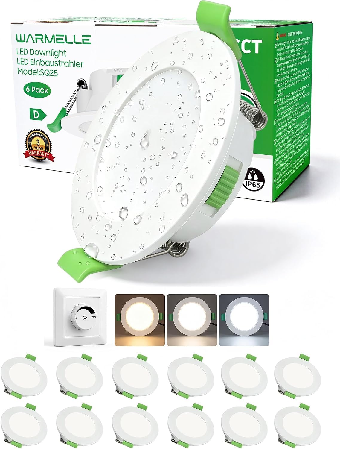 LED Einbaustrahler 230V, IP65 LED Spots Dimmbar,Deckenspots mit Aluminium-Kühlkörper,3000K/4000K/6500K, 7W, 600-670LM, CRI>80, für Badezimmer, Wohnzimmer, Lochmaß Φ66-75 mm,Weiß - 12er Set