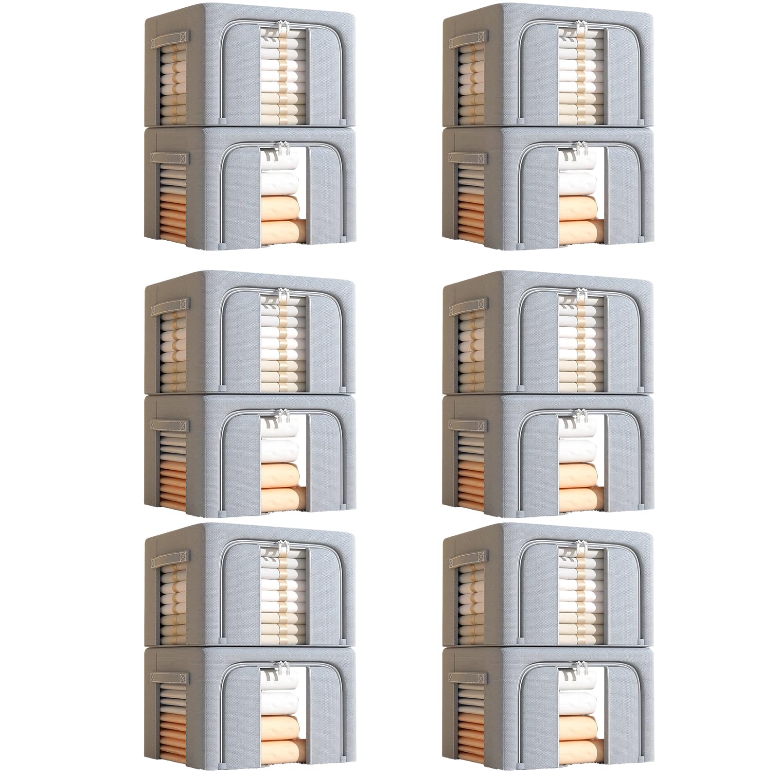 NRGQAXM 6 Pack Foldable Storage Bins, Clothes Bins with Metal Frame Handle and Zipper Stackable Window Storages Box for Clothes Organization and Bedroom Organizers