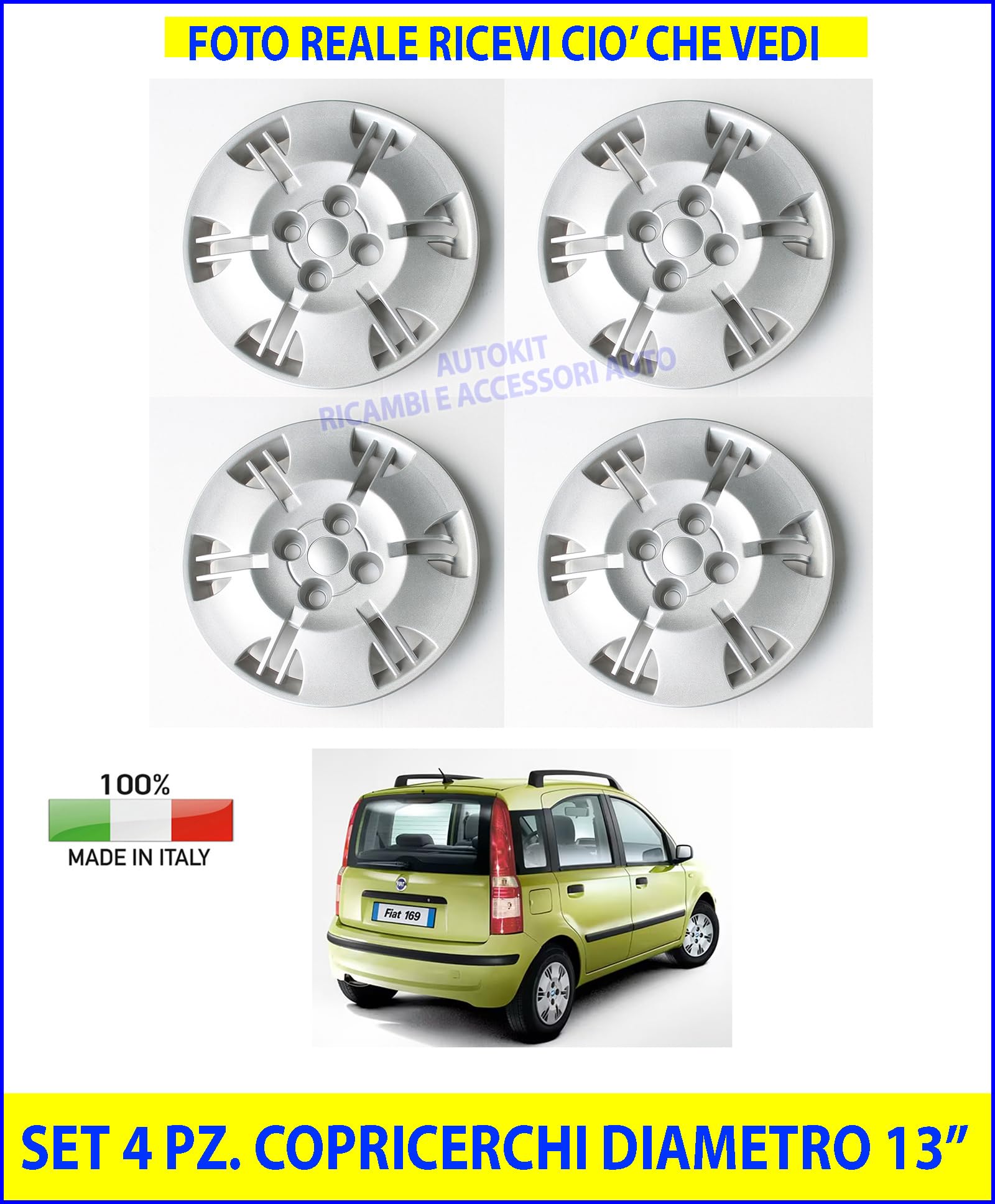 AUTOKIT SRL Copricerchi ABS Grigio 13 pollici, 4 pezzi, Panda modello 169 Dynamin 2003-2011, 716/13