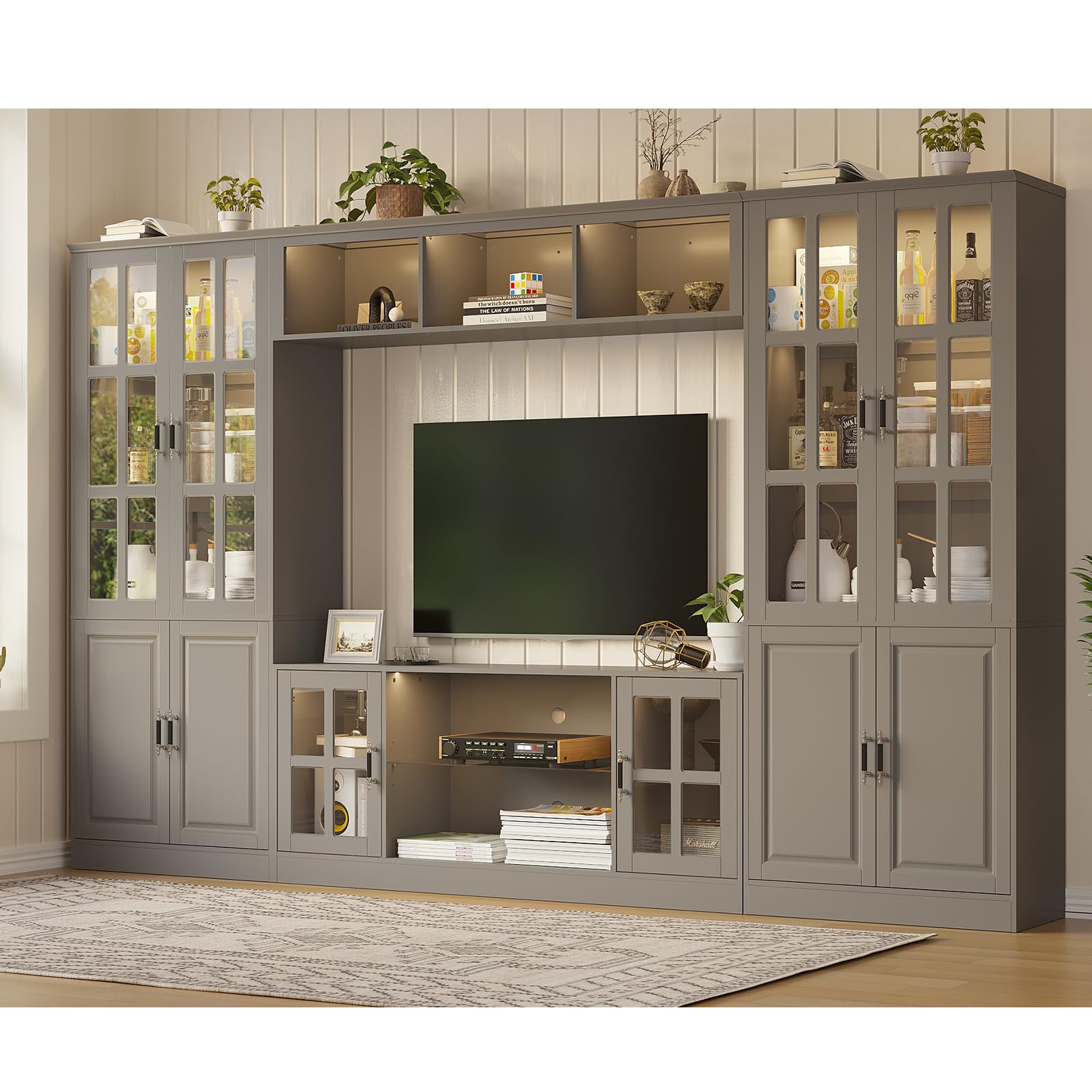 MEISSALIVVE 4-Piece Wall Unit TV Stand with Storage & LED Lights for TVs up to 70", Modern Entertainment Center with Bookshelves & 4-Door Pantry Cabinet, Gray 4-Piece & 4 Doors & LED Grey