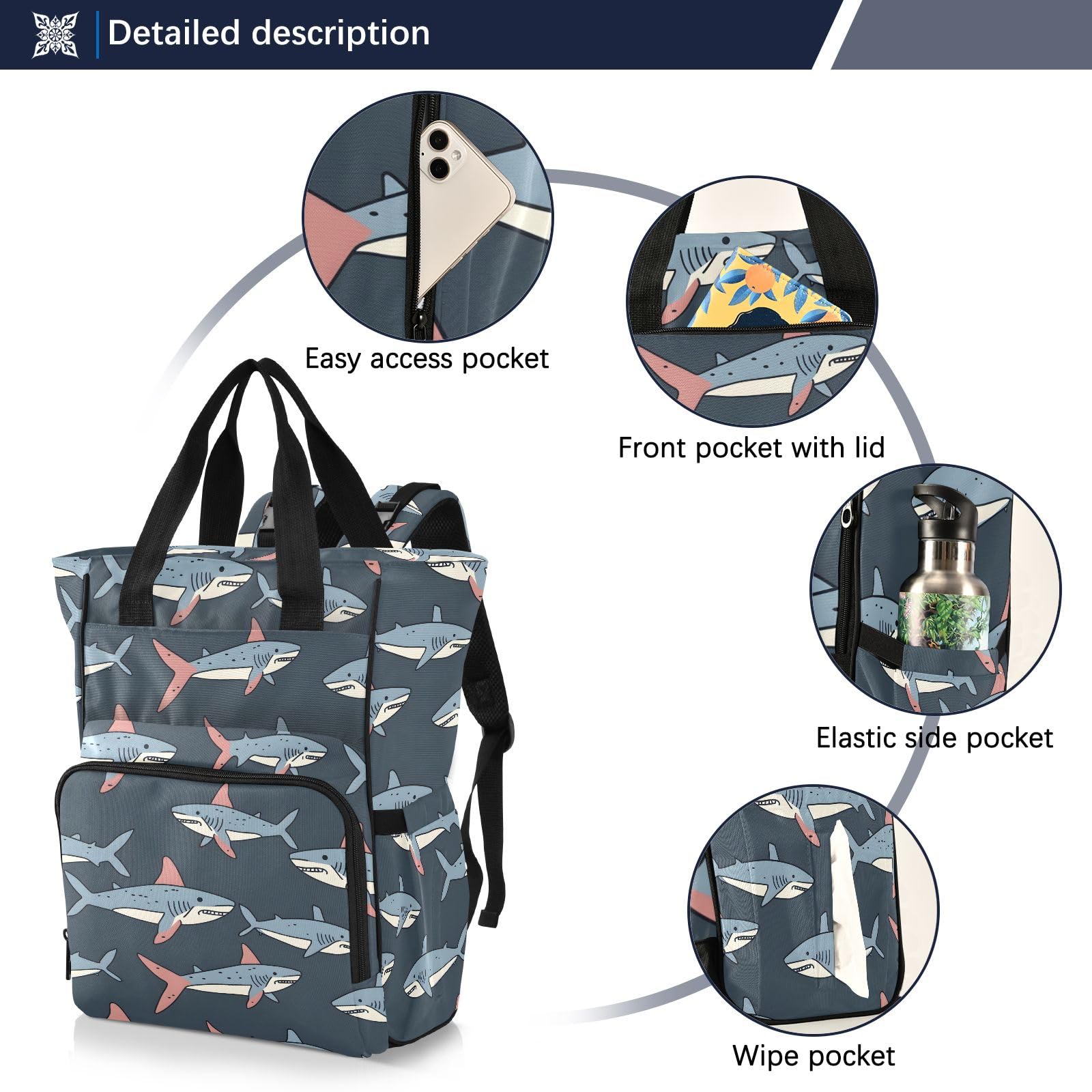 Mnsruu Cartoon Line Shark Semplice Disegnato a Mano Stile Del Pannolino Del Bambino Zaino Grande Borsa Impermeabile Viaggio Borse Per Pannolini Per Mamme E Papà