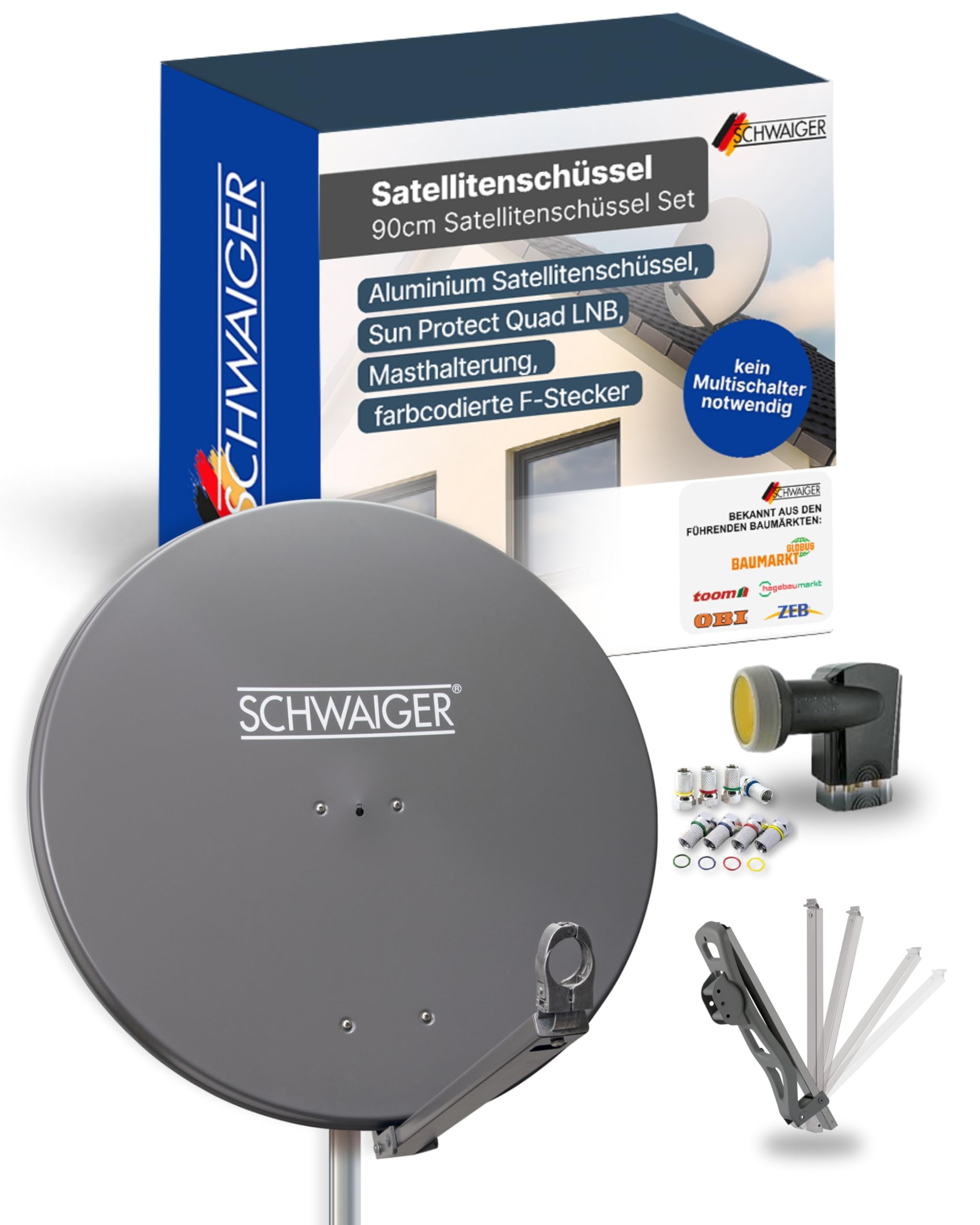 SCHWAIGER Satellitenschüssel Komplettset Ø 88 cm Aluminium Offset Antenne Anthrazit Quad LNB 4-Fach Digital HD 4K Empfang wetterfest