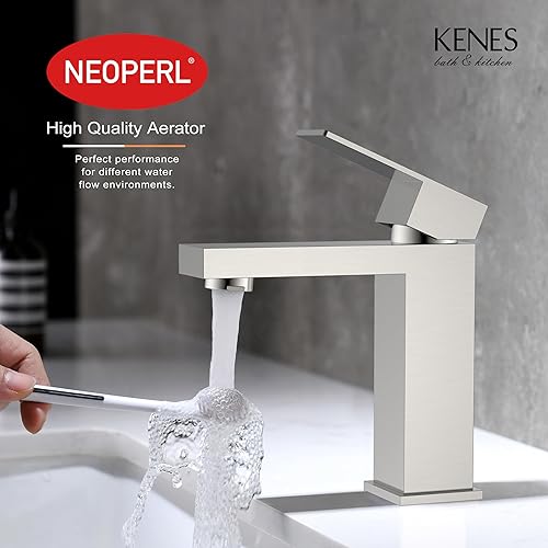Miniatura 5 de KENES Grifo de lavabo de baño de una sola manija, grifo de tocador de níquel cepillado para fregadero de baño, con tapón de drenaje desplegable y