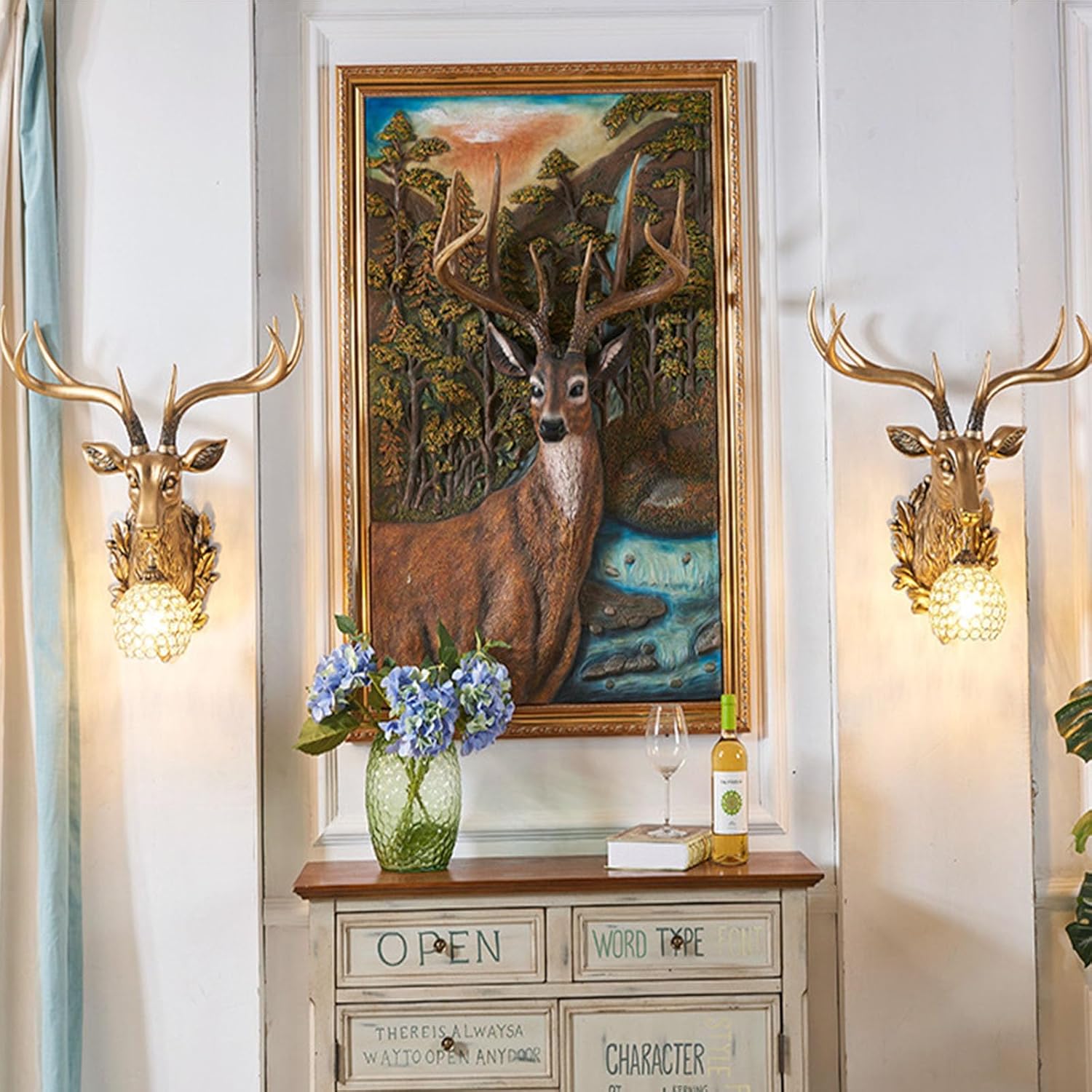 Creative Lighting Deer Head Wall Light with LED Bulb, Resin Deer Head Wall Mount Decor Lamp for Bar Background Home Living Room, G