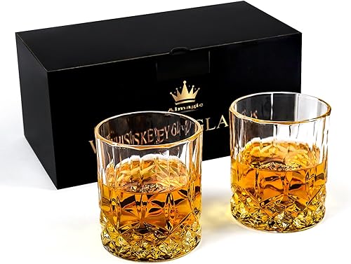 Miniatura 1 de Juego de 2 vasos de whisky con moldes de bola de hielo, vasos de cristal de 10 onzas, vasos de vidrio de bourbon en caja de regalo, utensilios de