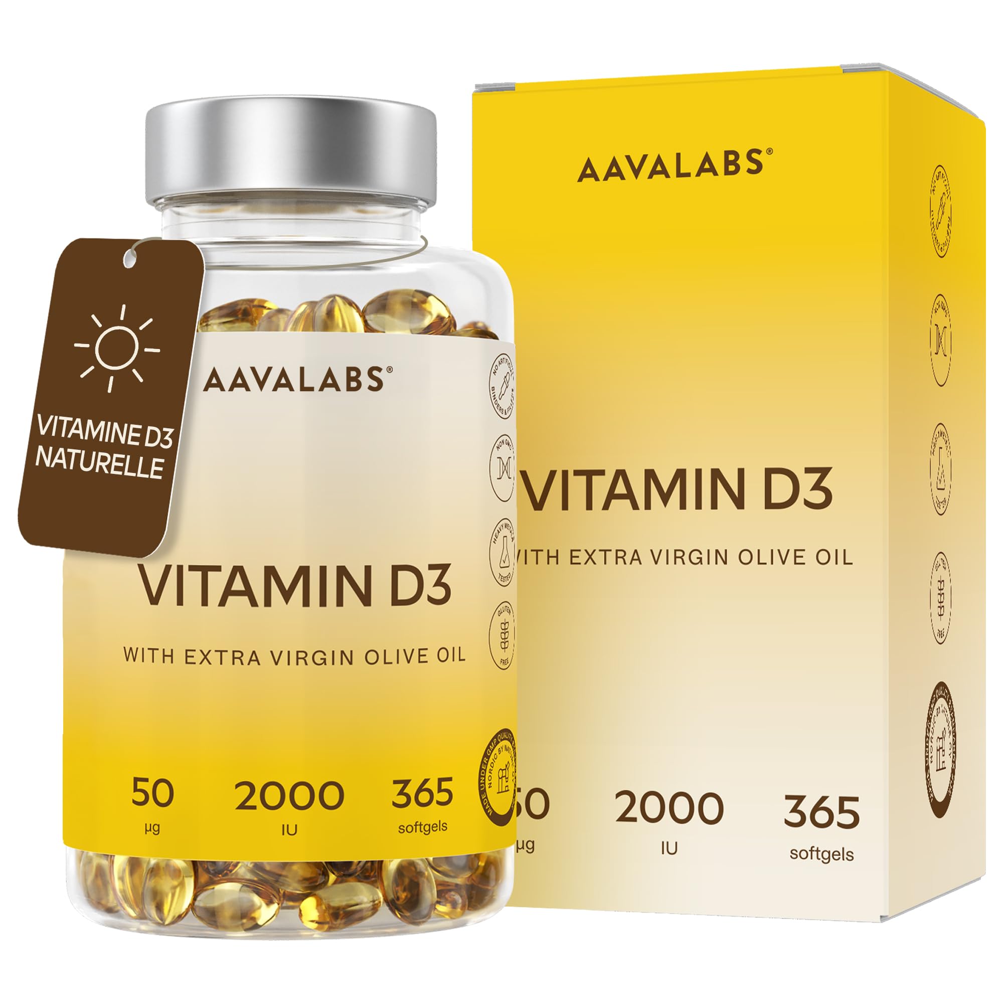 Vitamine D3 2000 UI - Vitamine D avec Huile d’Olive Extra Vierge pour Absorption Optimale - Vitamines sans OGM, sans Gluten et Lactose pour les Fonctions Osseuse, Musculaire, Immunitaire - 365 Gélules