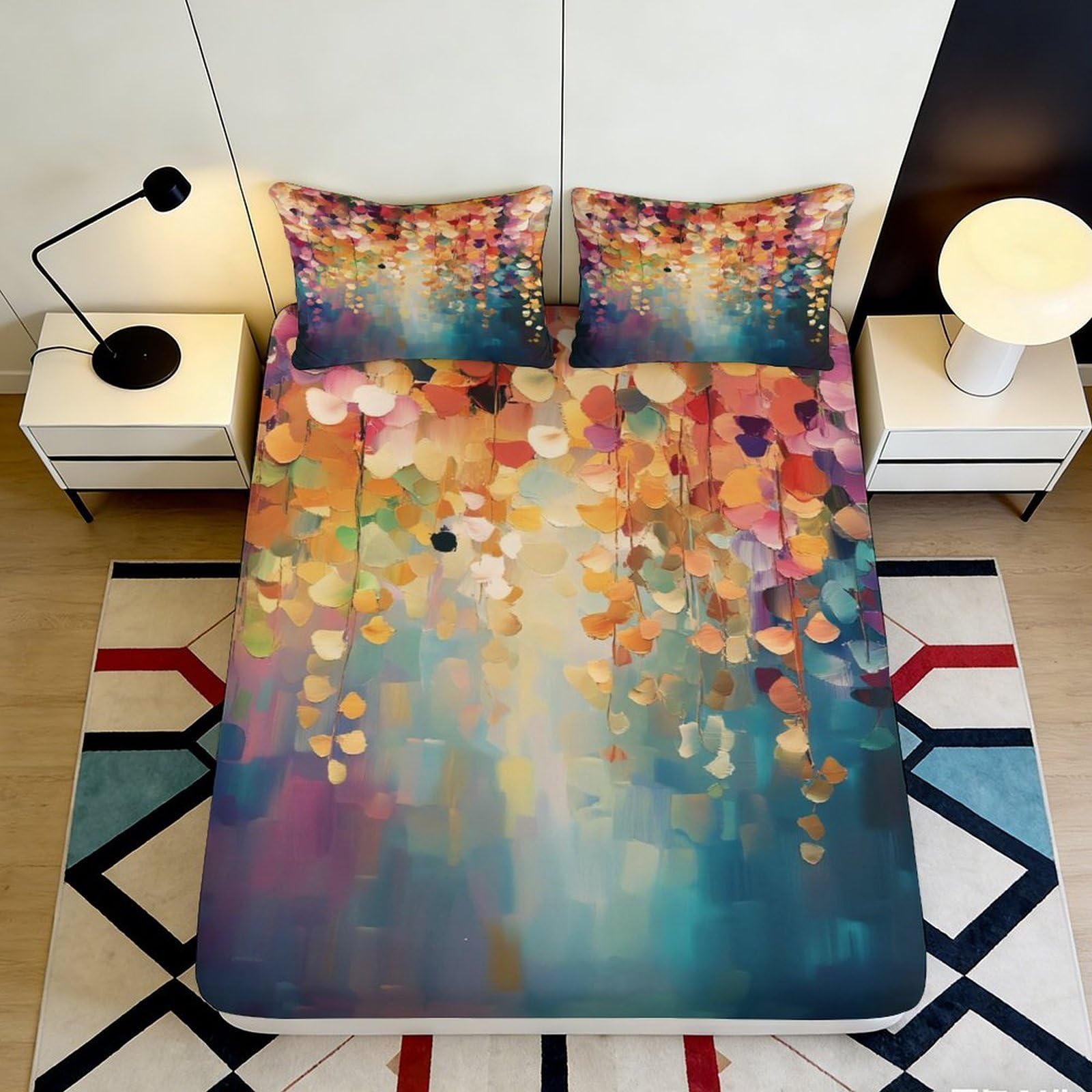 3D Printed Autumn Abstract Fitted Sheet Microfiber Soft Colorful Leaves Bed Sheet for Bedroom Dorm Decor 90x200x25cm