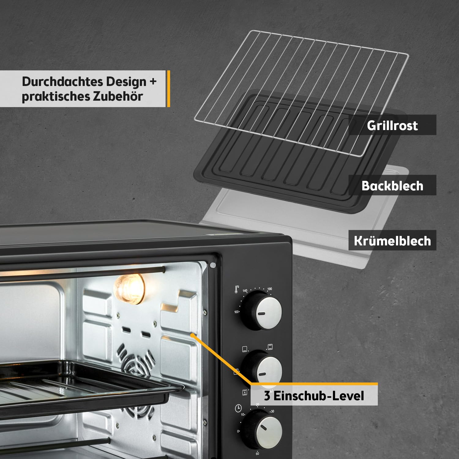 TZS First Austria - Minibackofen 30L 1600W - Mini Backofen stufenlose Temperaturregelung bis 230°C - Miniofen 60 Min. Timer, 3 Einschubhöhen, Backblech & Grillrost - Für kleine Küchen & Camping