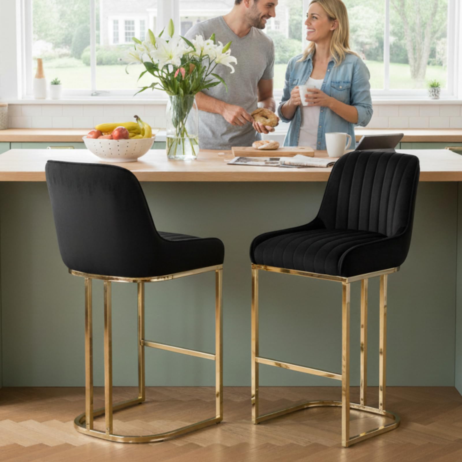 CIMOTA Black and Gold Counter Height Bar Stools Set of 2 with Back, Modern Kitchen Counter Stools Velvet Island Chairs Comfy Stripe Barstools for