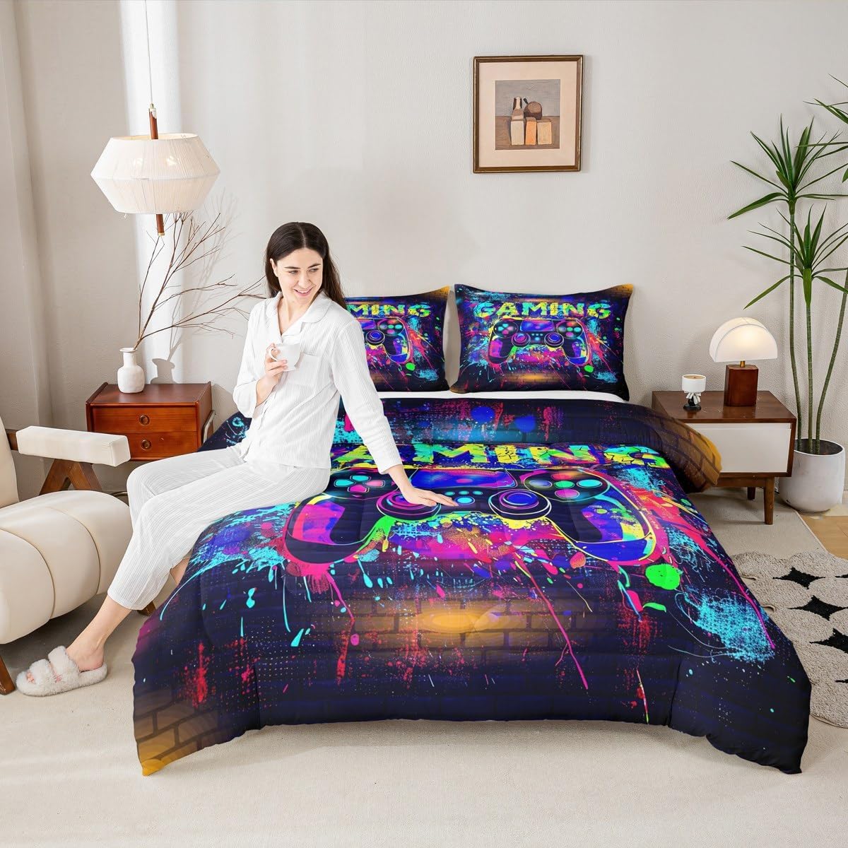 jejeloiu Game Console Comforter Set All Season Gaming Bedding Set with 2 Pillow Cases Teen Boy Room Decor Kids Full Colorful Modern Buttons Video Room Decor Controller Pattern Design Duvet Quilt image 5