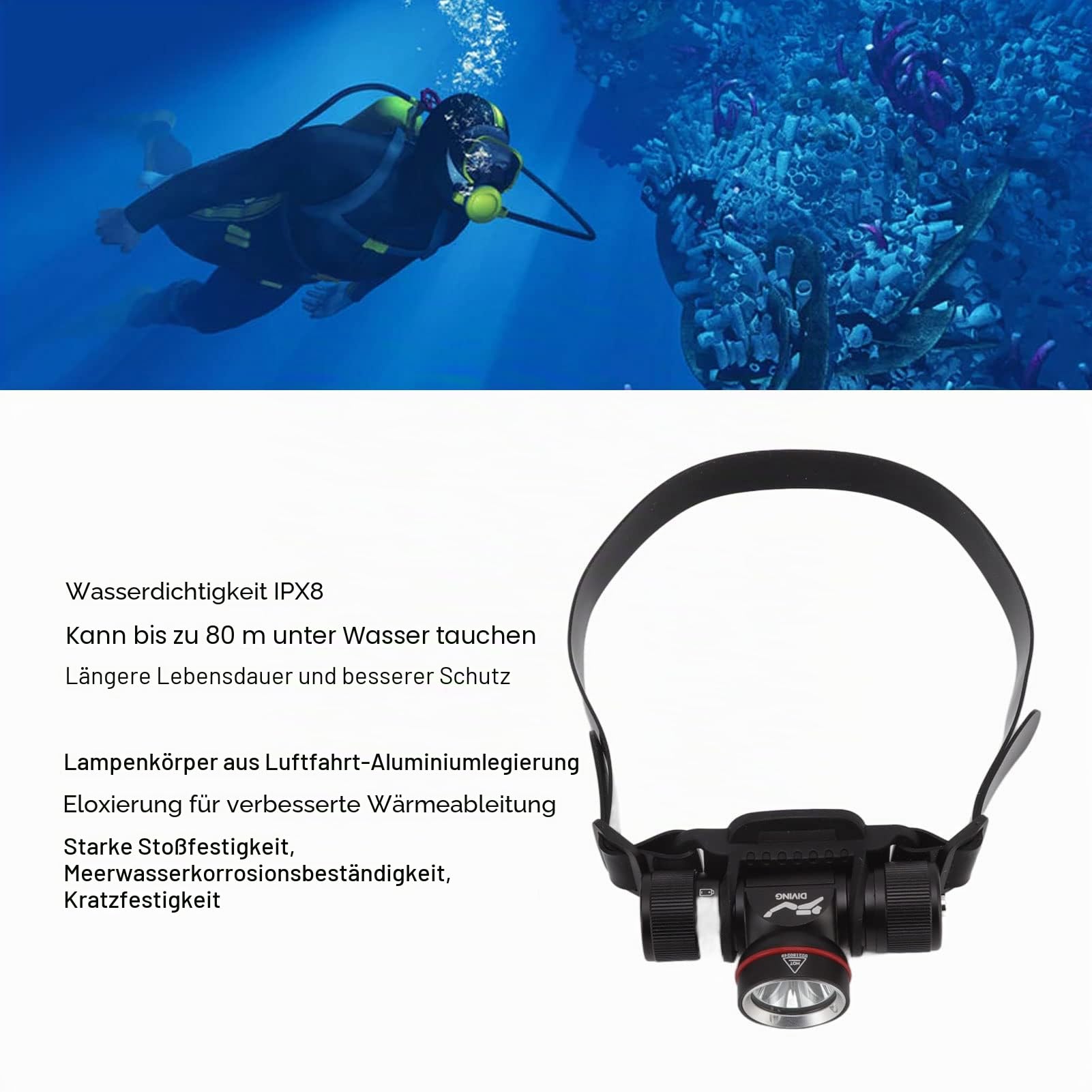 Focket Tauchen Stirnlampe, 80m Unterwasser IPX8 Wasserdichtes Sicherheitslicht 1500LM Tauchlicht LED Stirnlampe, 5 Modi Superhelle Taucher Stirnlampe Zum Schnorcheln, Höhlenforschung