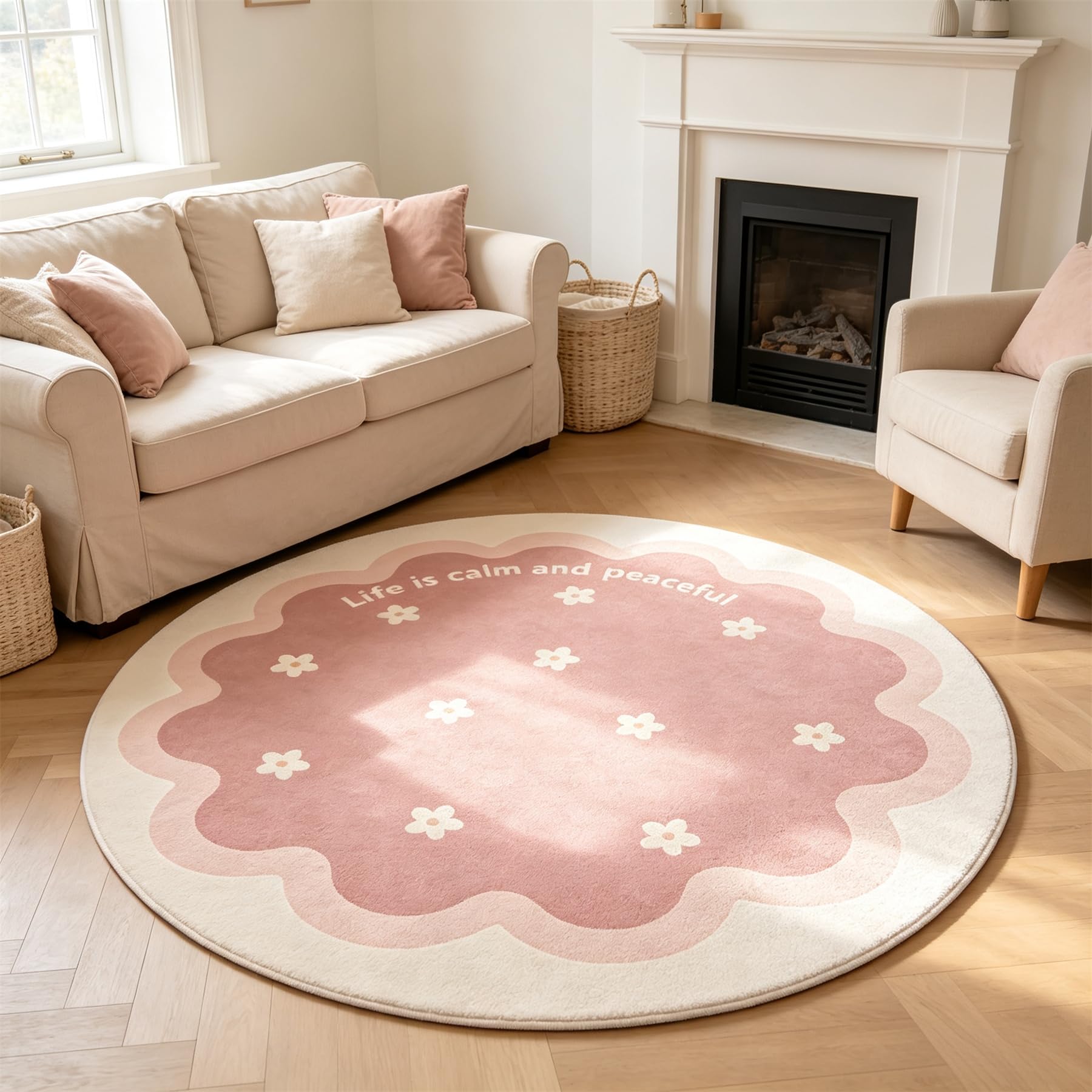 Pink Round Rug Washable, 60cm Nursery Non Slip Low-Pile Floral Scallop