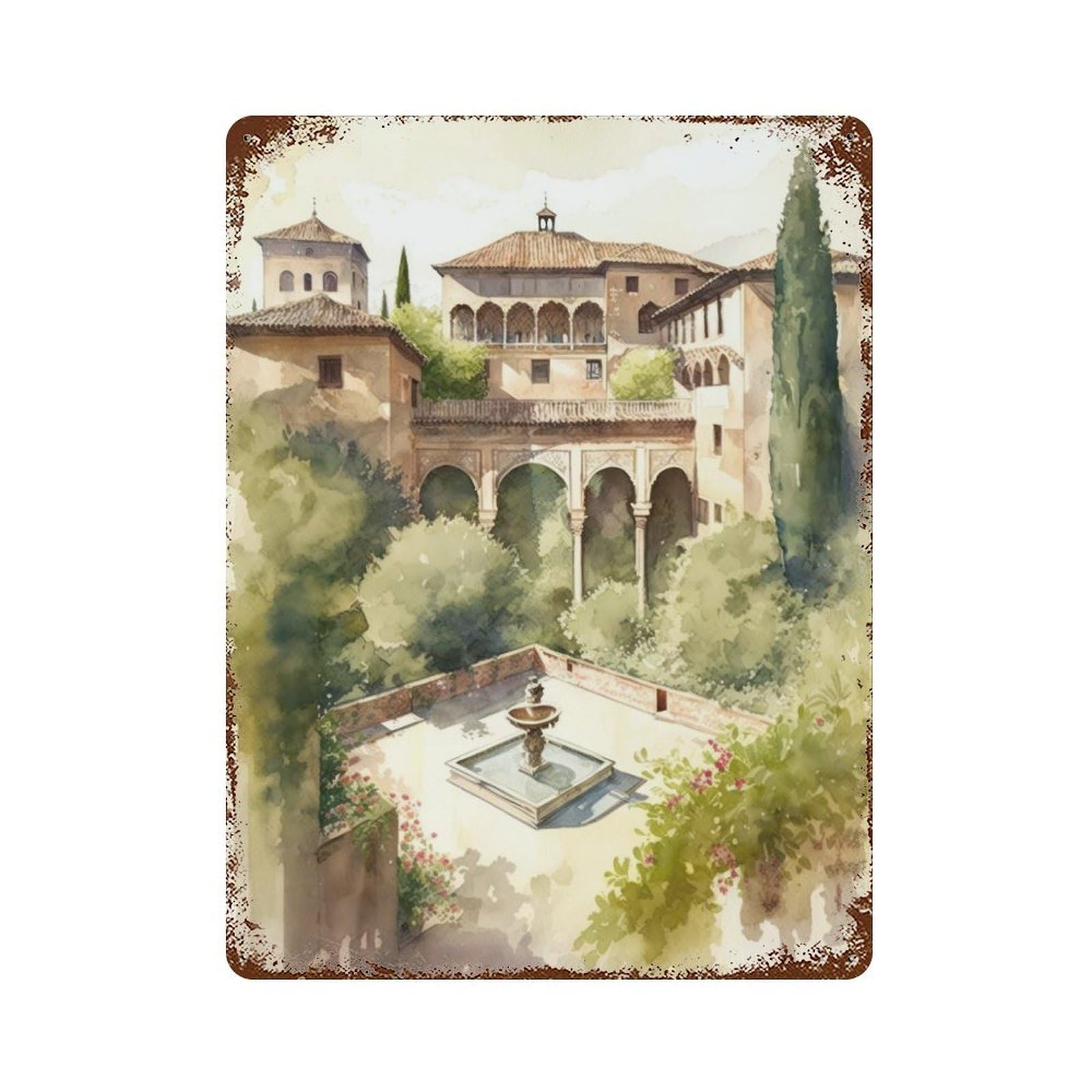 Alhambra Garden Watercolor Retro Metal Sign 15.7"x11.8", for Pub, Kitchen And Man Cave Decor, Retro Wall Decor