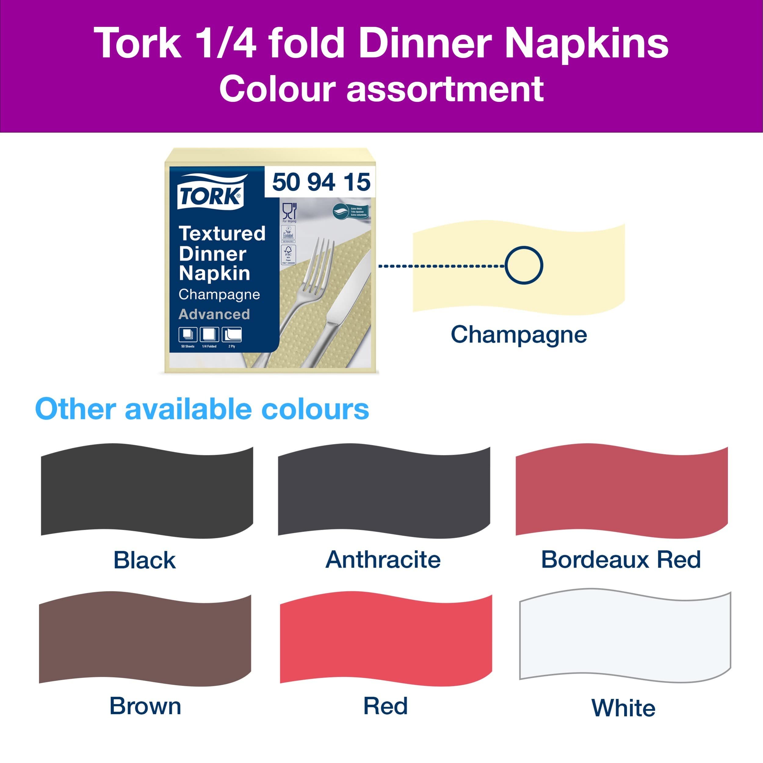 Tork 509415 - Dinner Servilleta de papel gofrado para cena, 2 capas, 18 paquetes x 50 unidades (900 servilletas), pliegue 1/4, 38 cm x 39 cm, color champagne