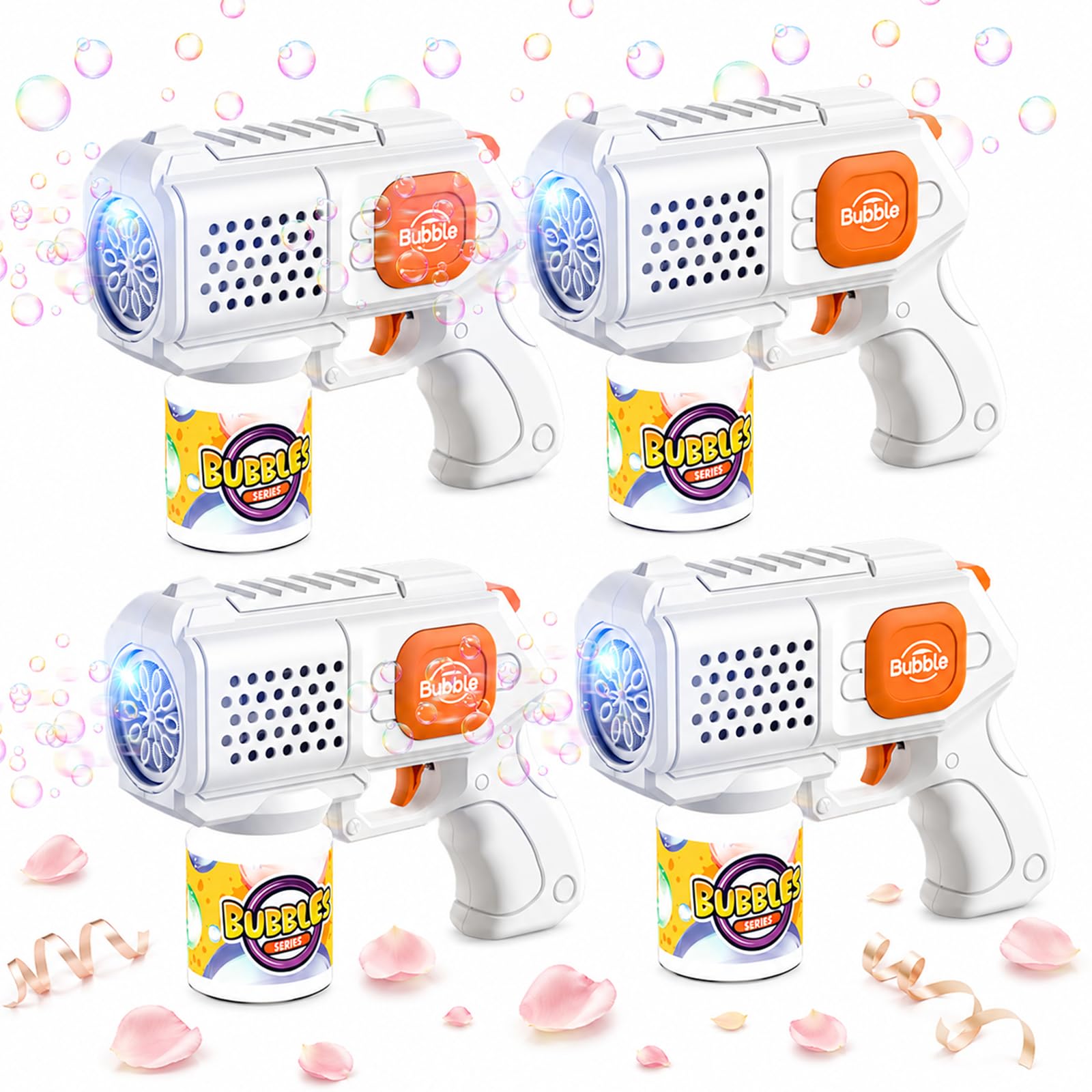 Pistola de burbujas para niños, 4 unidades, 10000 burbujas automáticas, con luz/10 agujeros/solución(4 frascos+10 recargas) para fiestas al aire libre regalo, color blanco