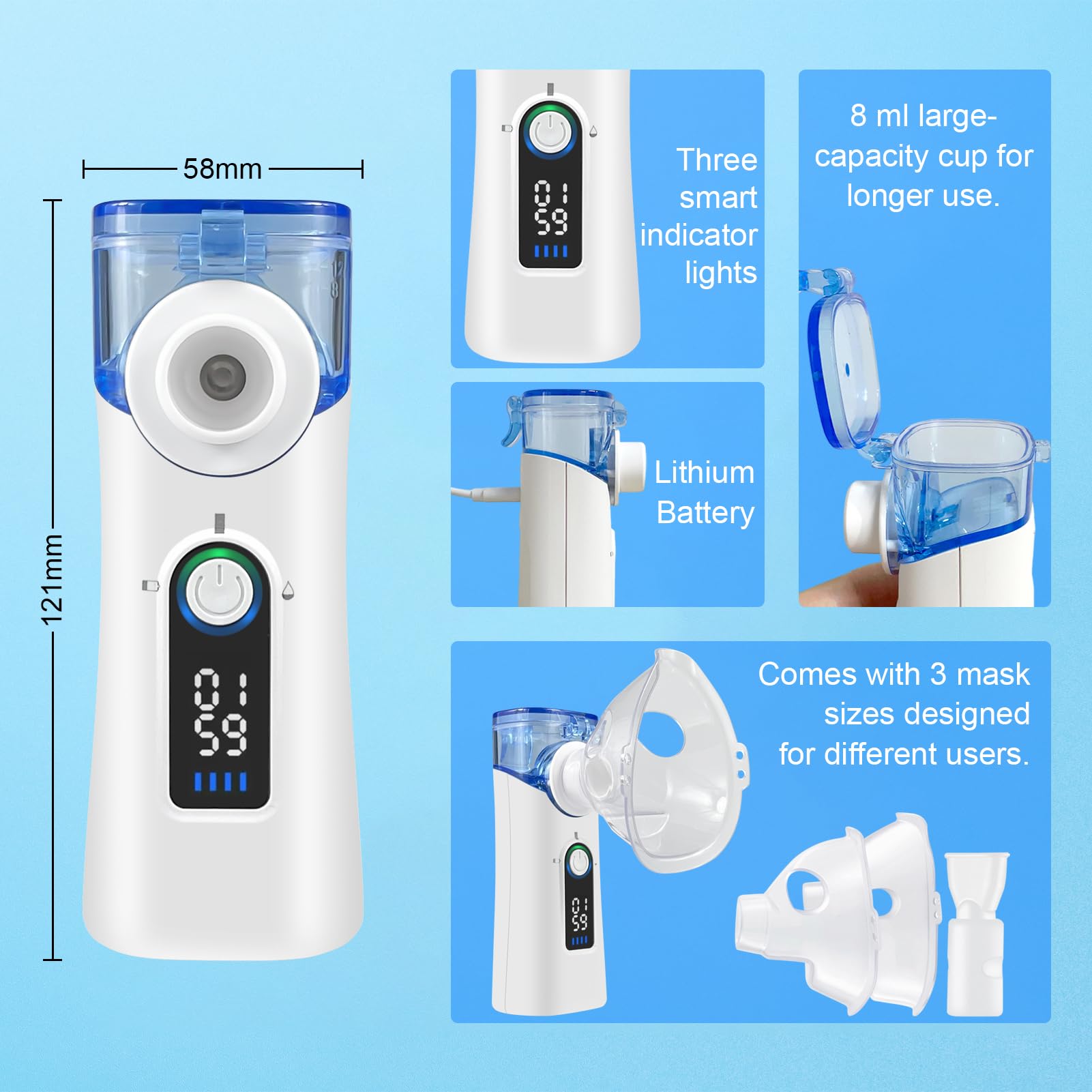 Aerosol Portatile Silenzioso, Aerosol Ultrasuoni Ricaricabile USB-C con Autopulizia, Macchina Aerosol con Nebulizzazione Regolabile, 2 Maschere e Boccaglio per Adulti e Bambini, Casa e Viaggio